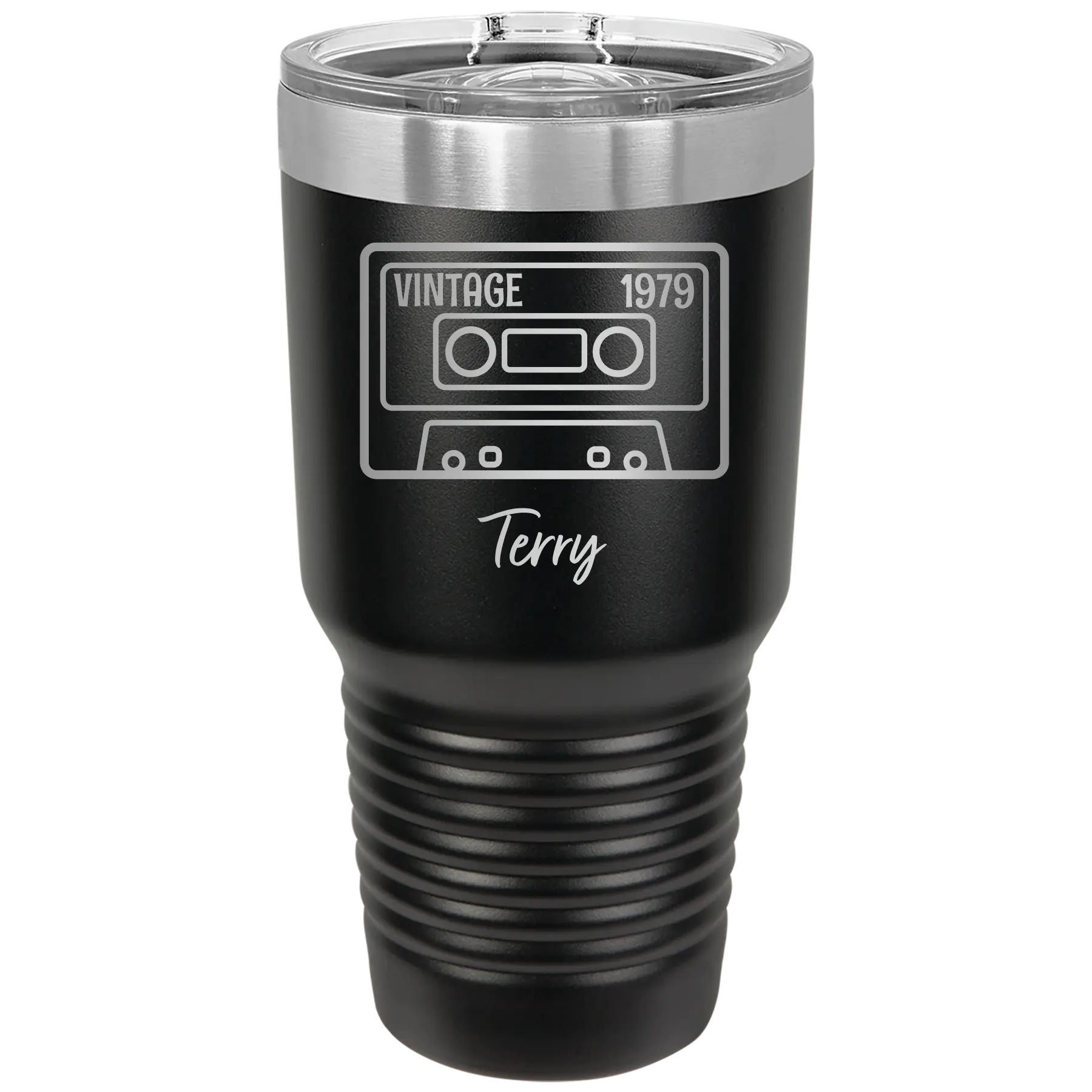 Personalized black 30 oz vacuum insulated tumbler with 'Vintage tape' design