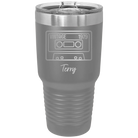 Personalized dark gray 30 oz vacuum insulated tumbler with 'Vintage tape' design