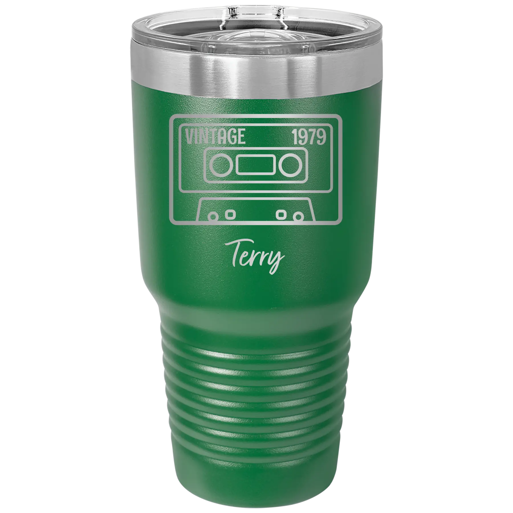 Personalized green 30 oz vacuum insulated tumbler with 'Vintage tape' design