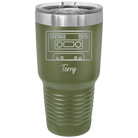 Personalized olive green 30 oz vacuum insulated tumbler with 'Vintage tape' design