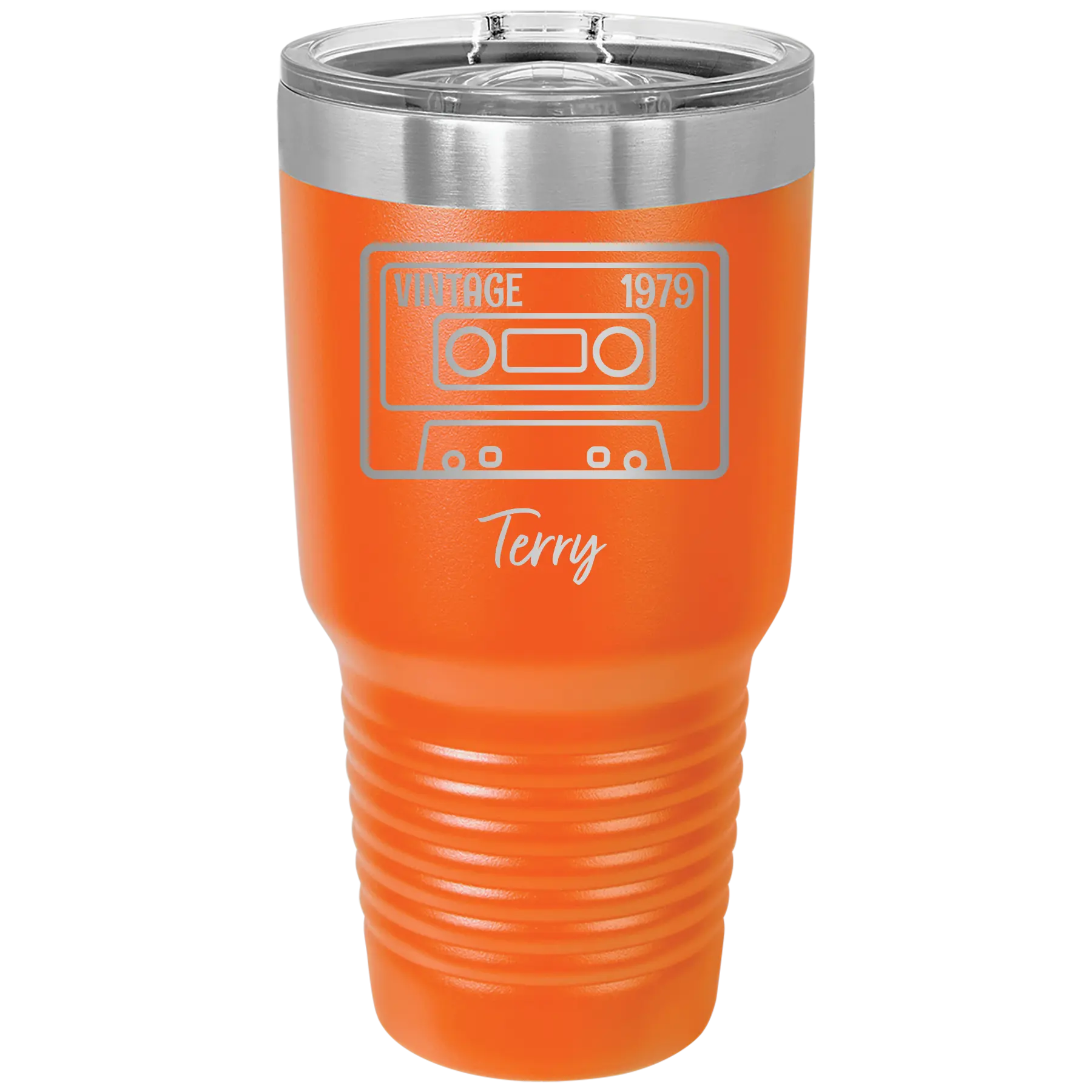 Personalized orange 30 oz vacuum insulated tumbler with 'Vintage tape' design