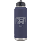 Personalized navy 32 oz vacuum insulated water bottle with 'Vintage tape' design