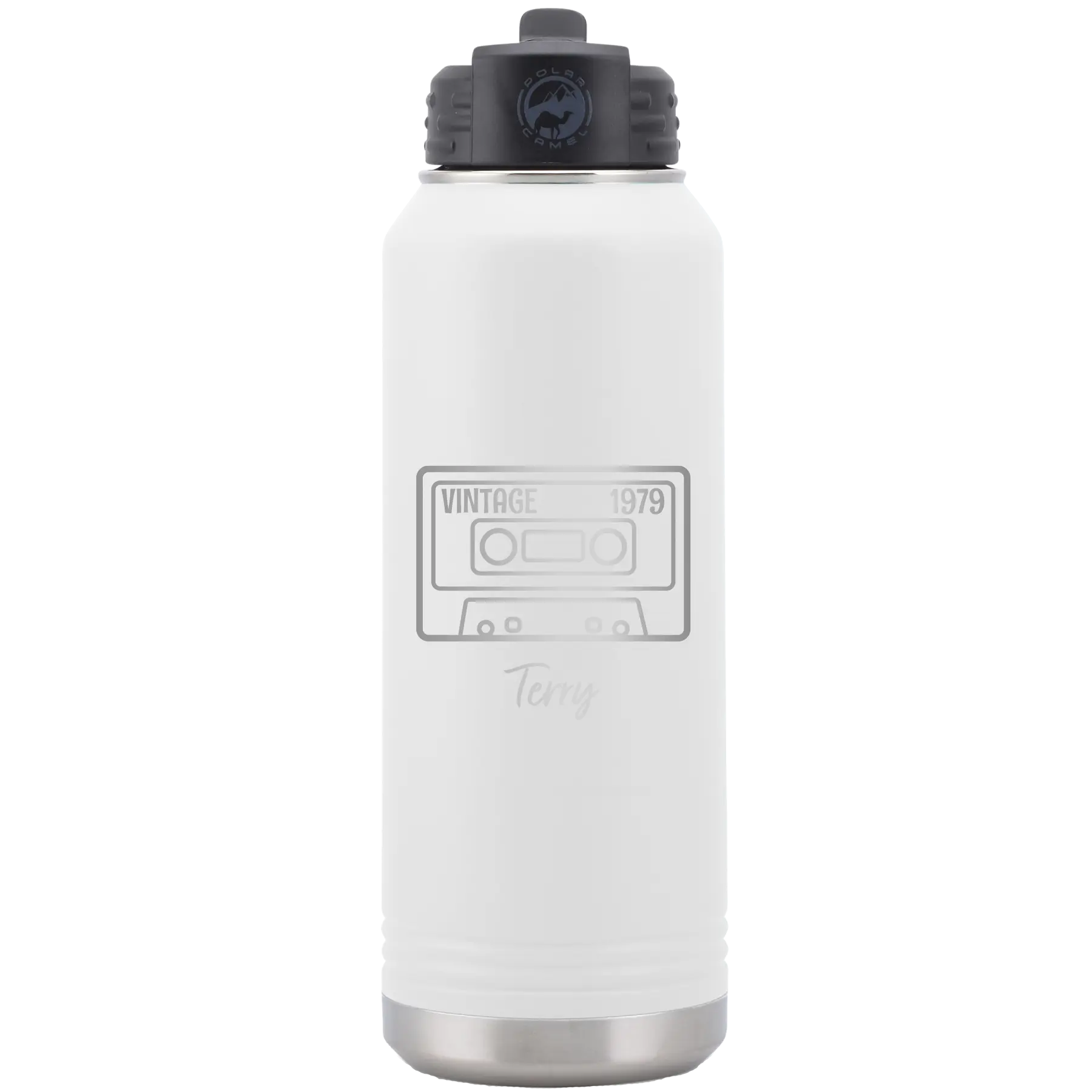 Personalized white 32 oz vacuum insulated water bottle with 'Vintage tape' design