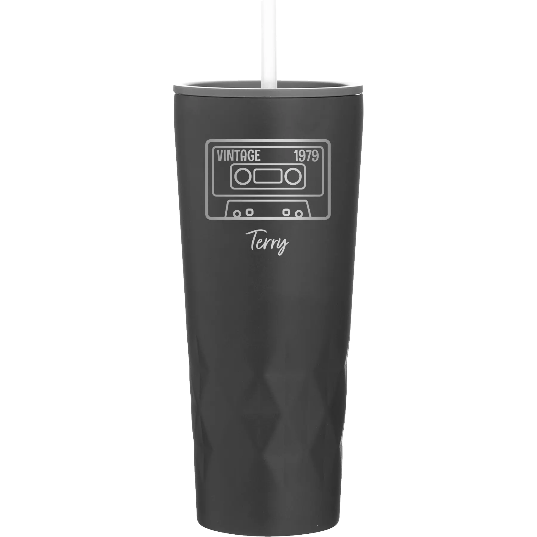 Personalized black 20 oz vacuum insulated tumbler with 'Vintage tape' design