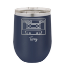 Personalized navy 12 oz vacuum insulated wine cup with 'Vintage tape' design