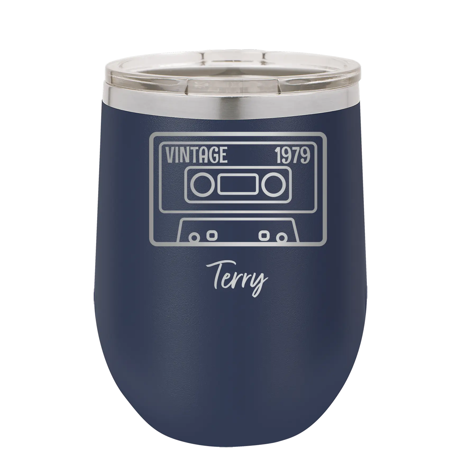 Personalized navy 12 oz vacuum insulated wine cup with 'Vintage tape' design