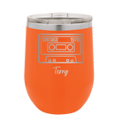 Personalized orange 12 oz vacuum insulated wine cup with 'Vintage tape' design