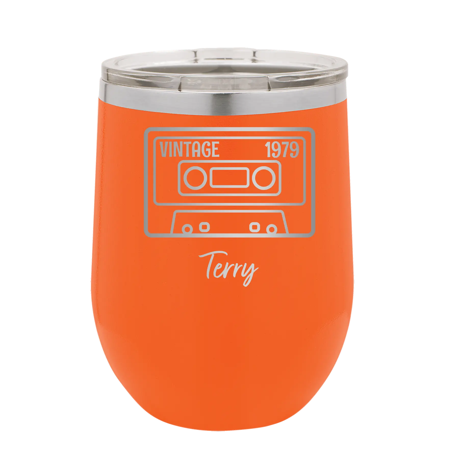 Personalized orange 12 oz vacuum insulated wine cup with 'Vintage tape' design