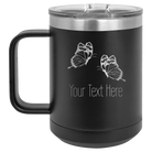 Personalized black 15 oz vacuum insulated coffee mug with 'Butterflies' design