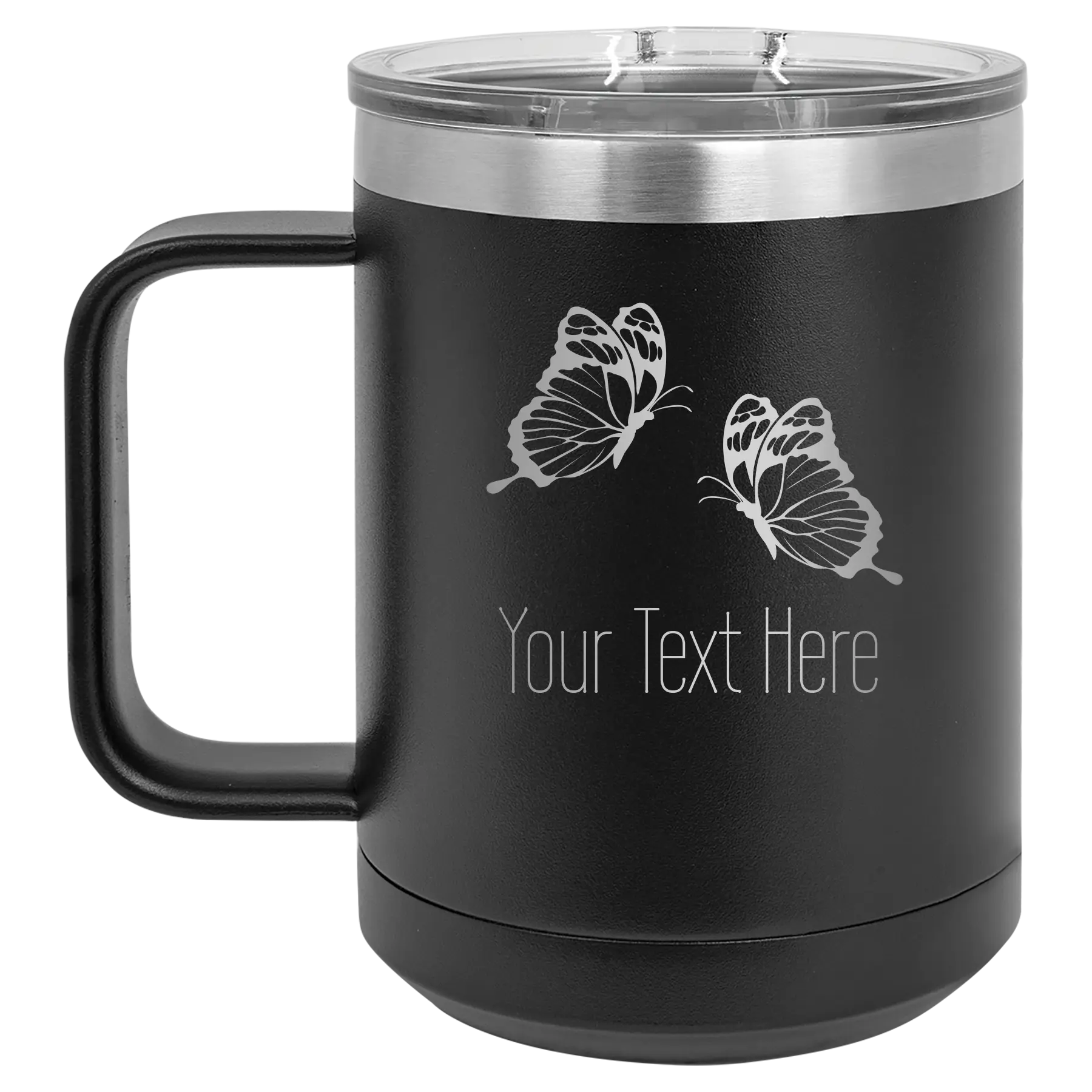 Personalized black 15 oz vacuum insulated coffee mug with 'Butterflies' design