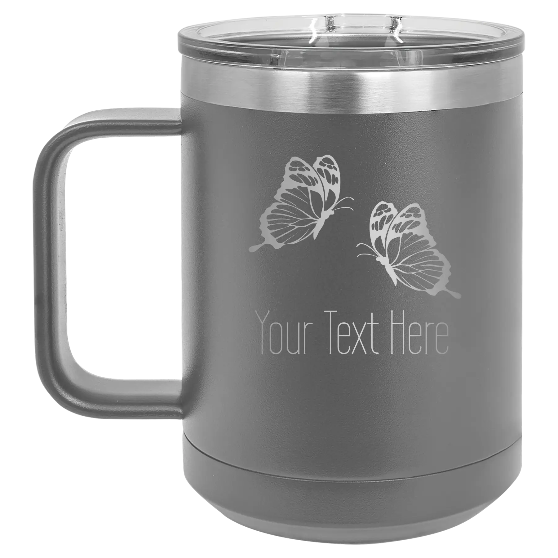Personalized dark gray 15 oz vacuum insulated coffee mug with 'Butterflies' design