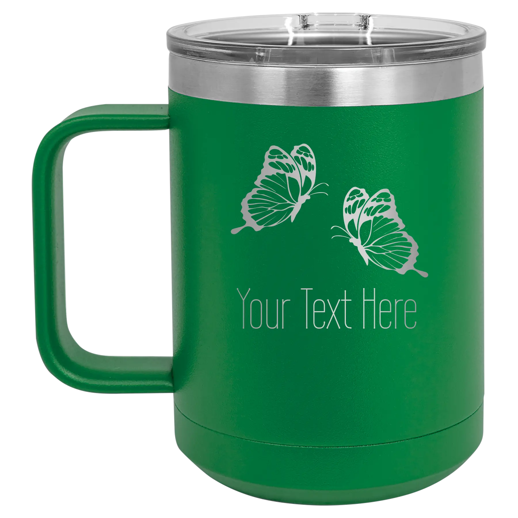 Personalized green 15 oz vacuum insulated coffee mug with 'Butterflies' design