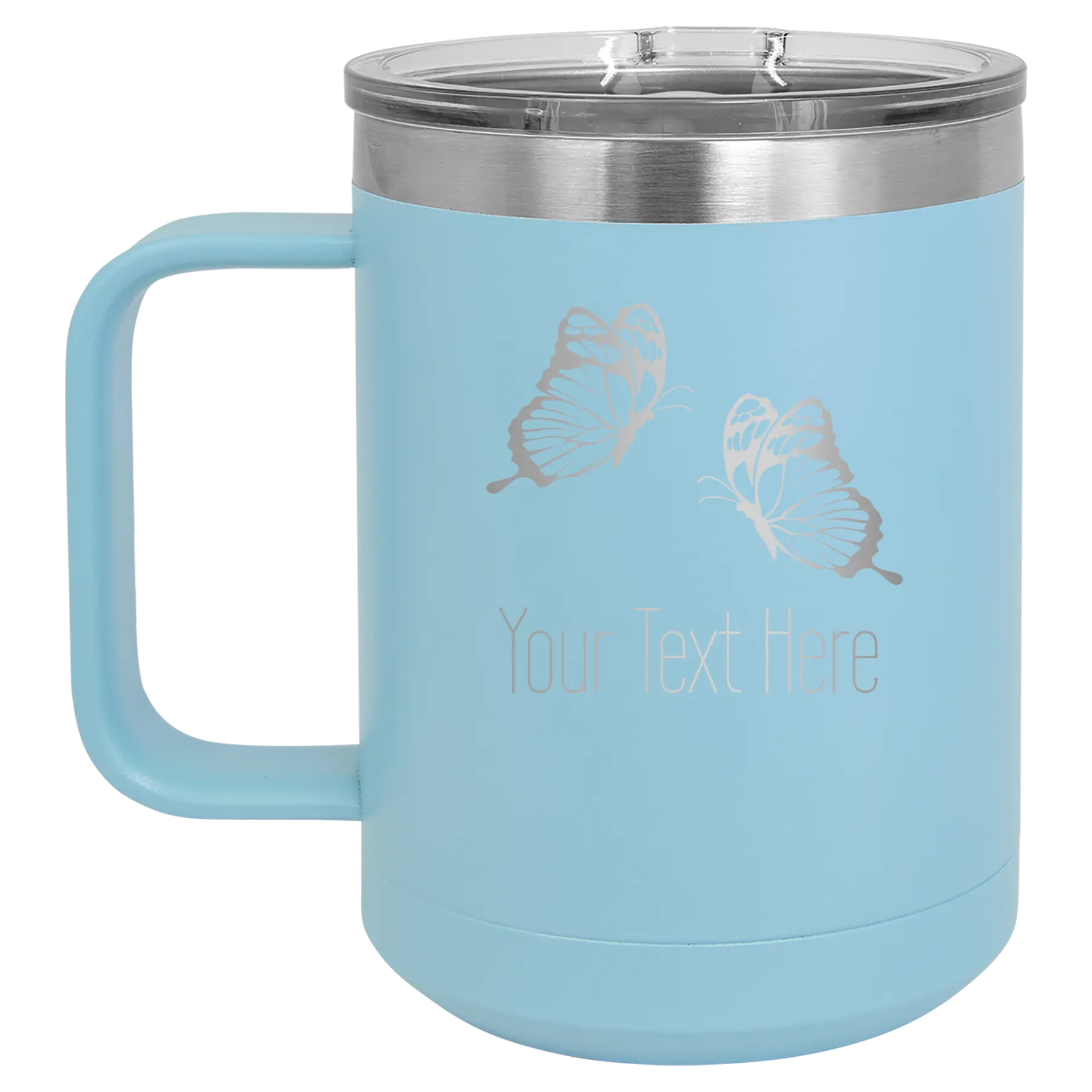 Personalized light blue 15 oz vacuum insulated coffee mug with 'Butterflies' design