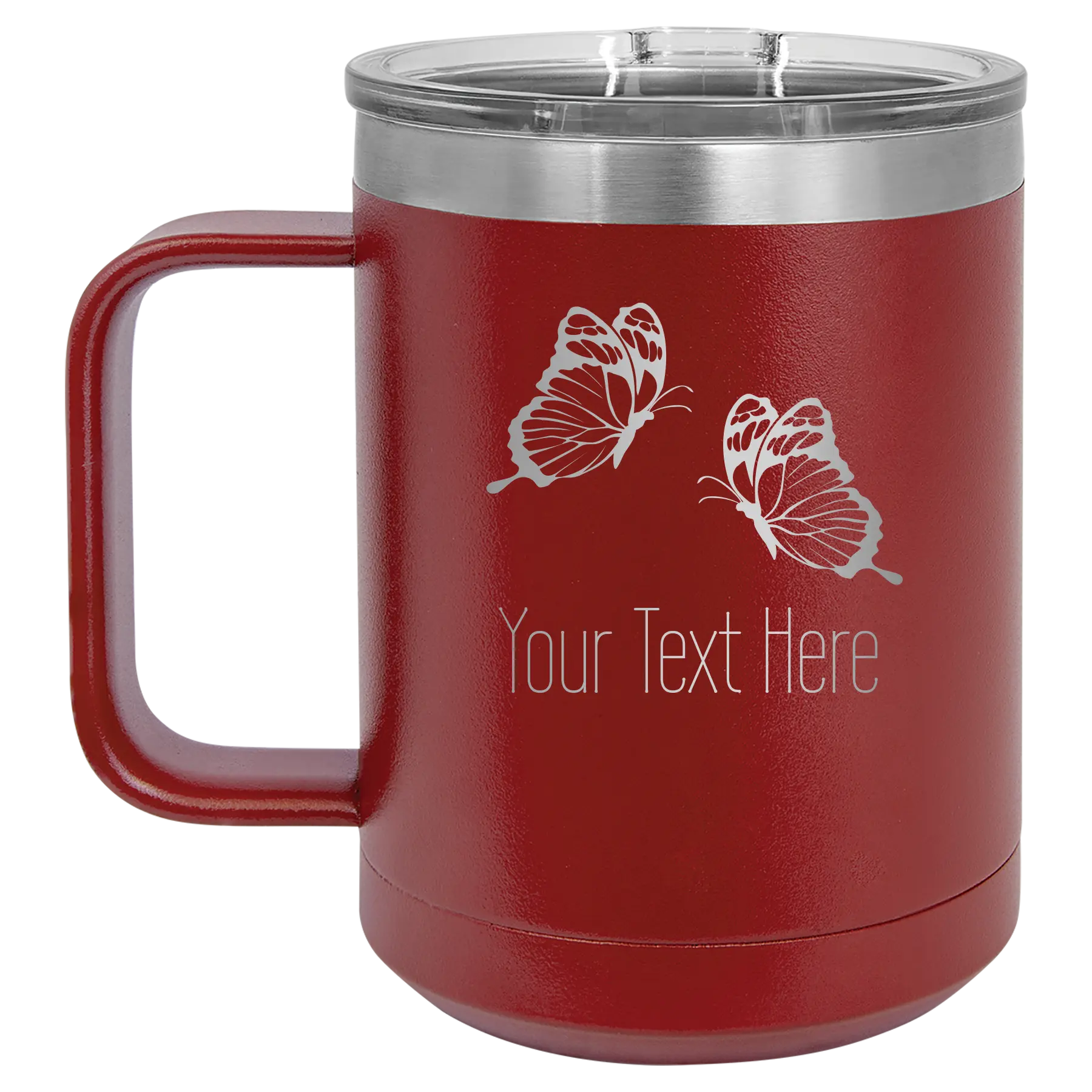Personalized maroon 15 oz vacuum insulated coffee mug with 'Butterflies' design