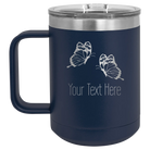 Personalized navy 15 oz vacuum insulated coffee mug with 'Butterflies' design