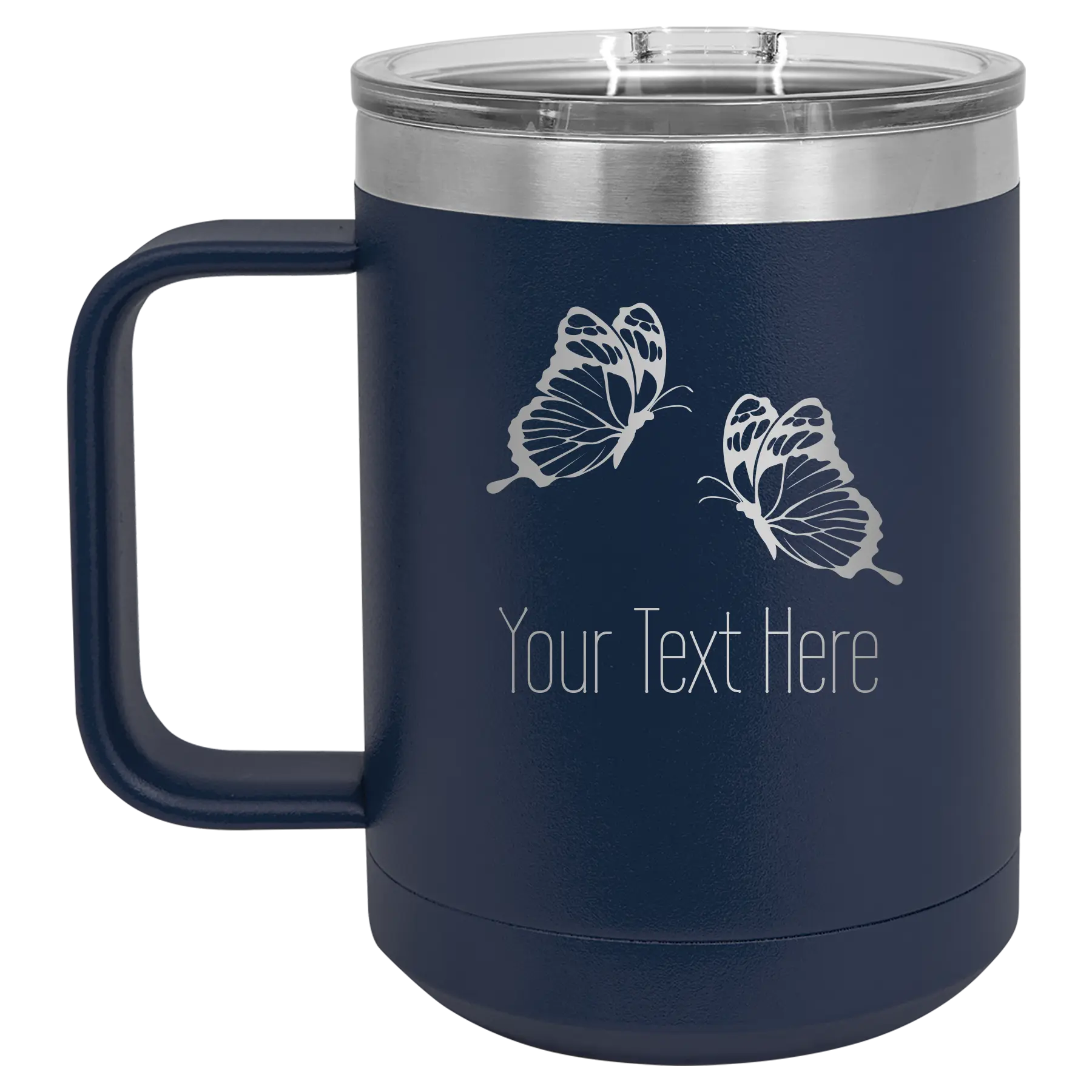 Personalized navy 15 oz vacuum insulated coffee mug with 'Butterflies' design