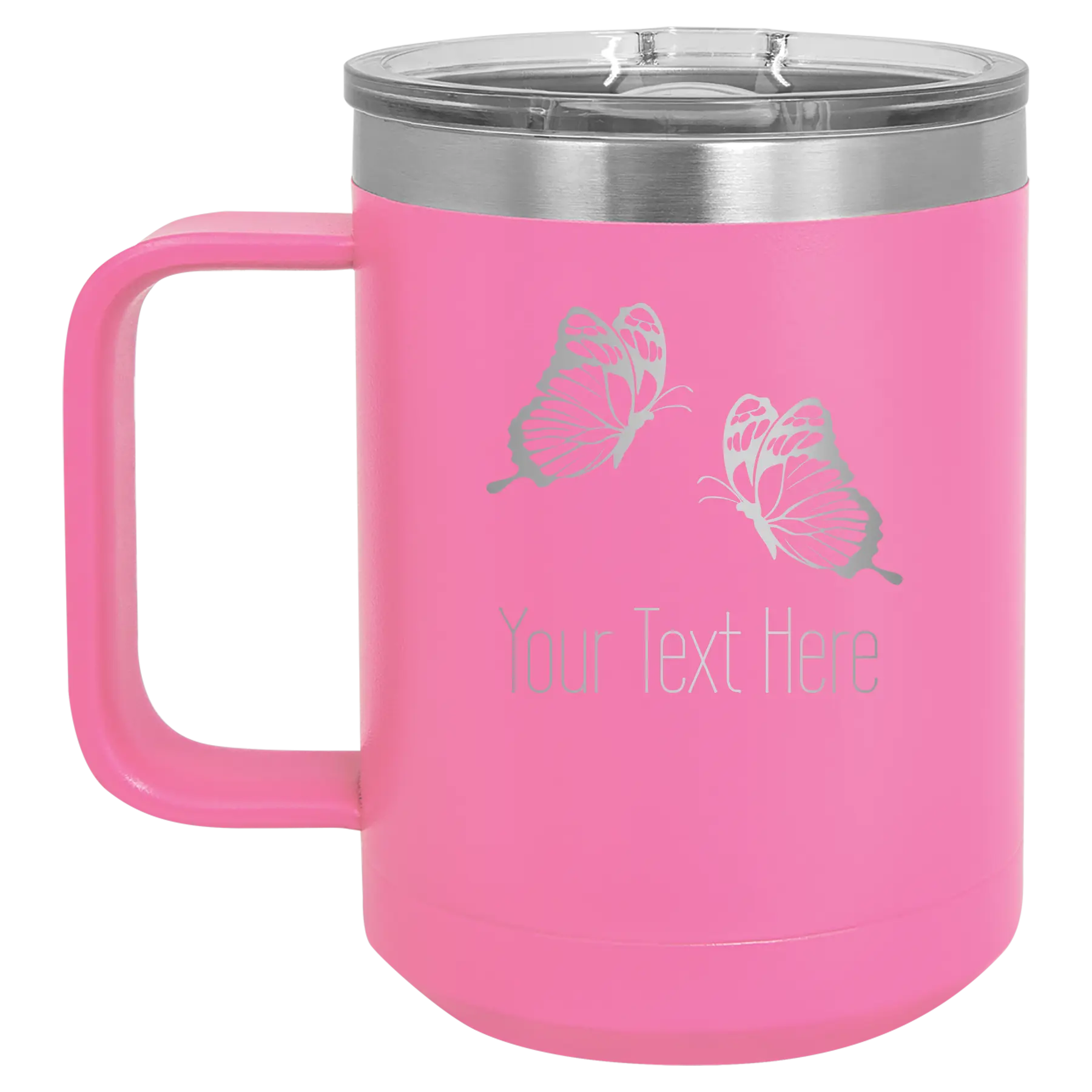 Personalized pink 15 oz vacuum insulated coffee mug with 'Butterflies' design