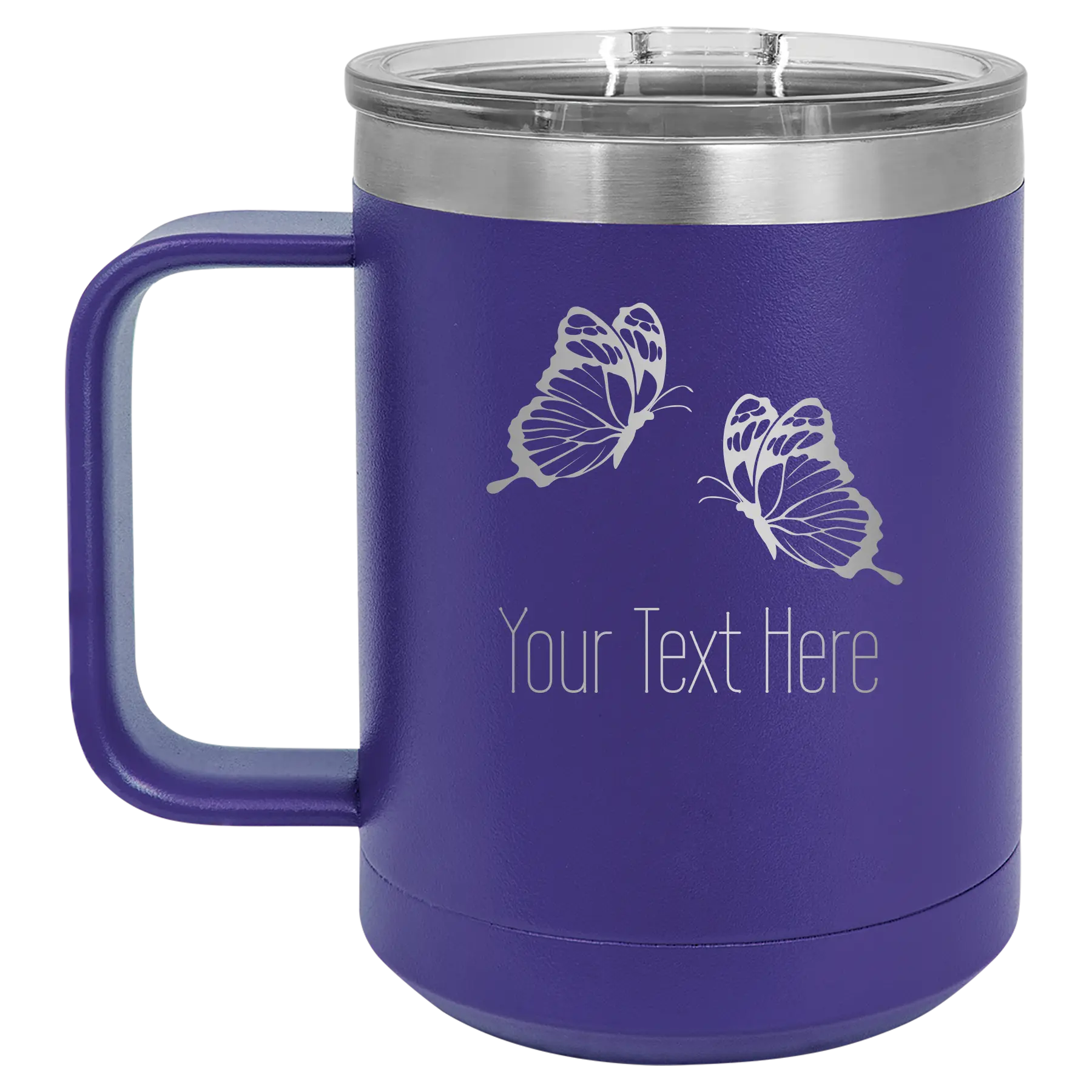 Personalized purple 15 oz vacuum insulated coffee mug with 'Butterflies' design