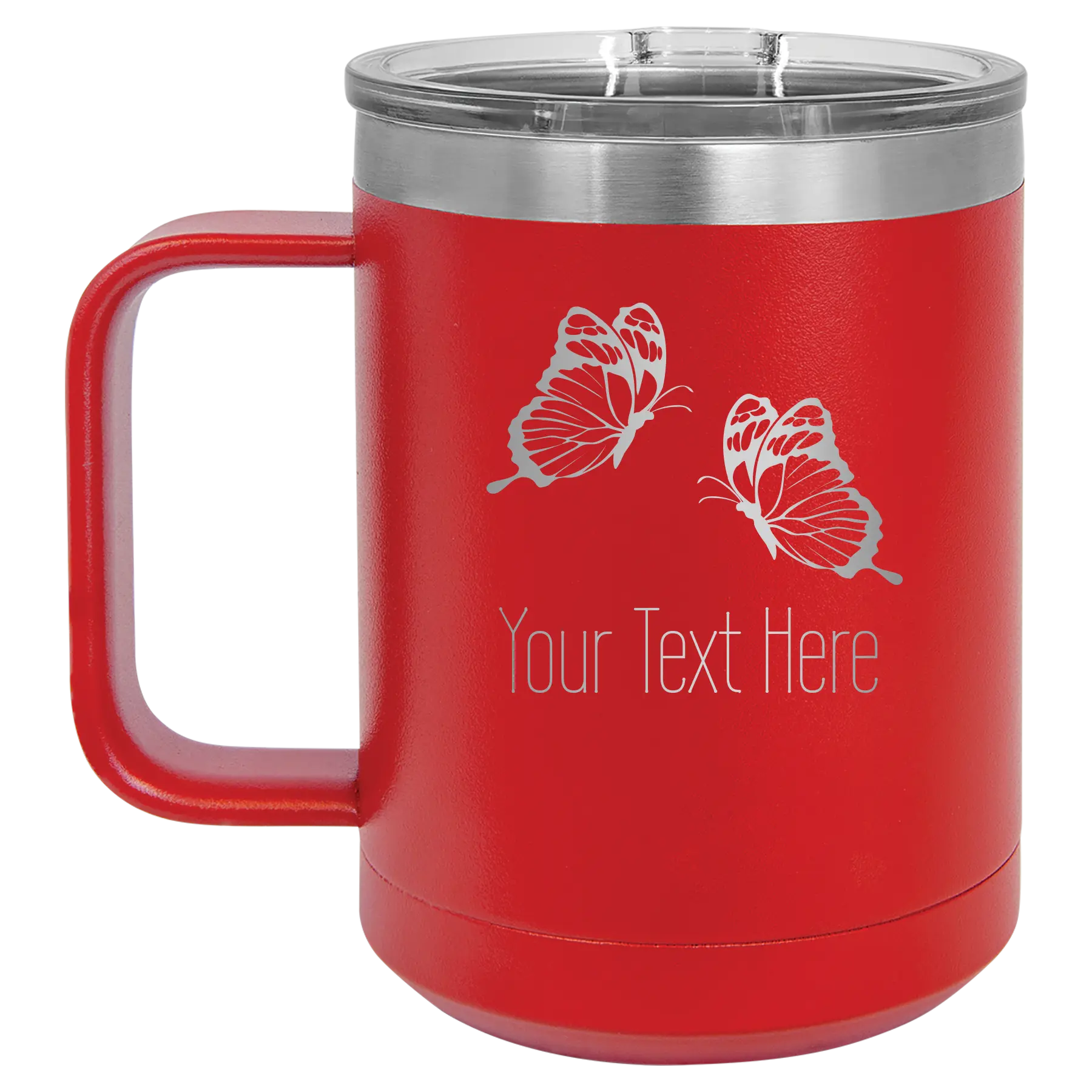 Personalized red 15 oz vacuum insulated coffee mug with 'Butterflies' design