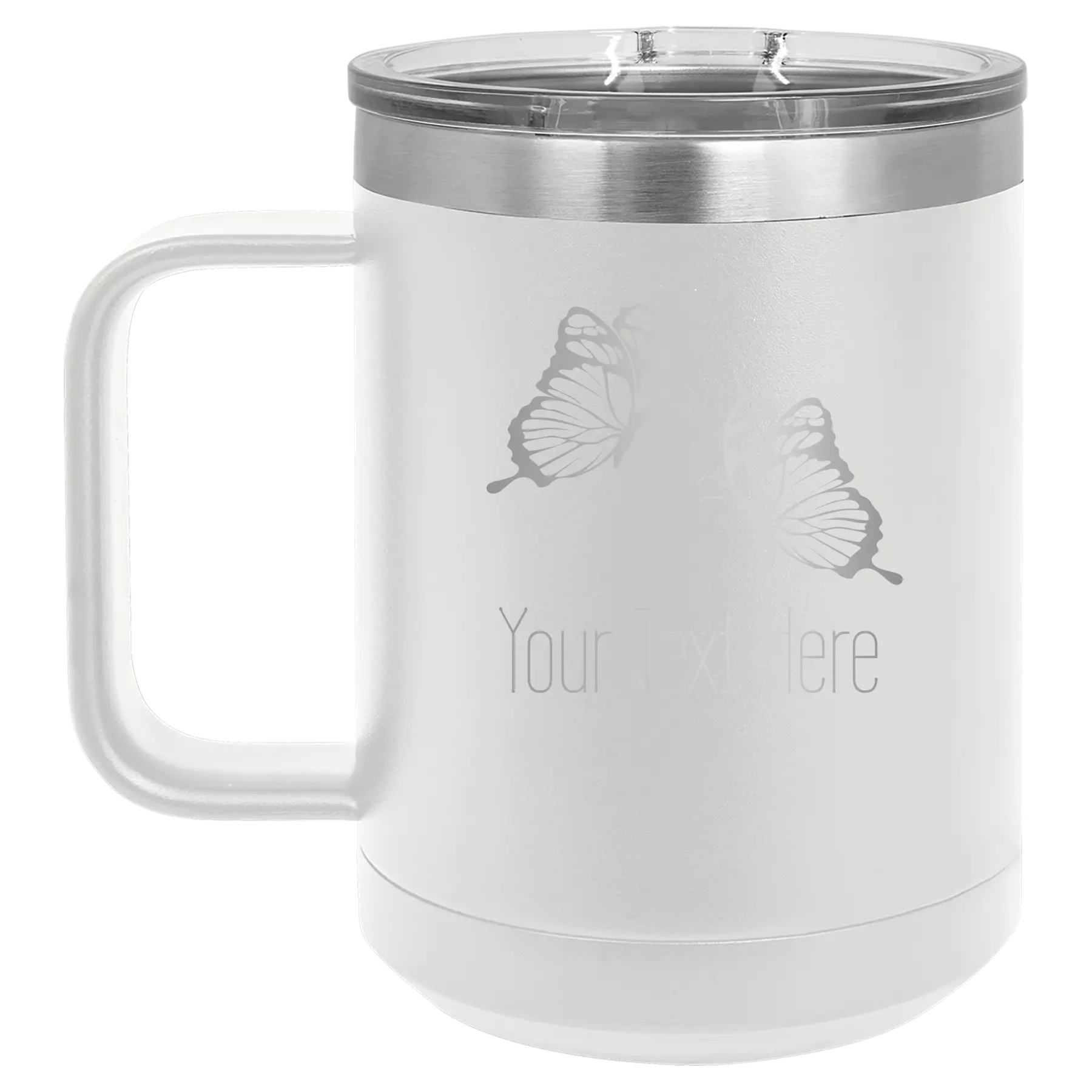 Personalized white 15 oz vacuum insulated coffee mug with 'Butterflies' design