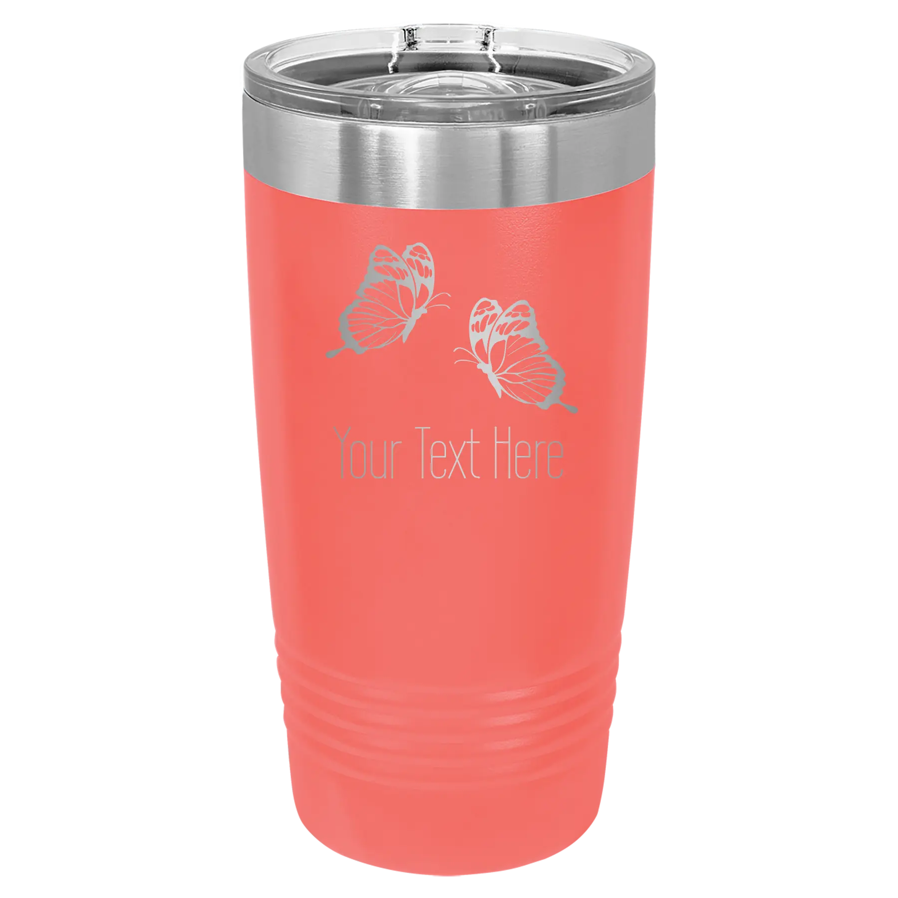Personalized coral 20 oz vacuum insulated tumbler with 'Butterflies' design
