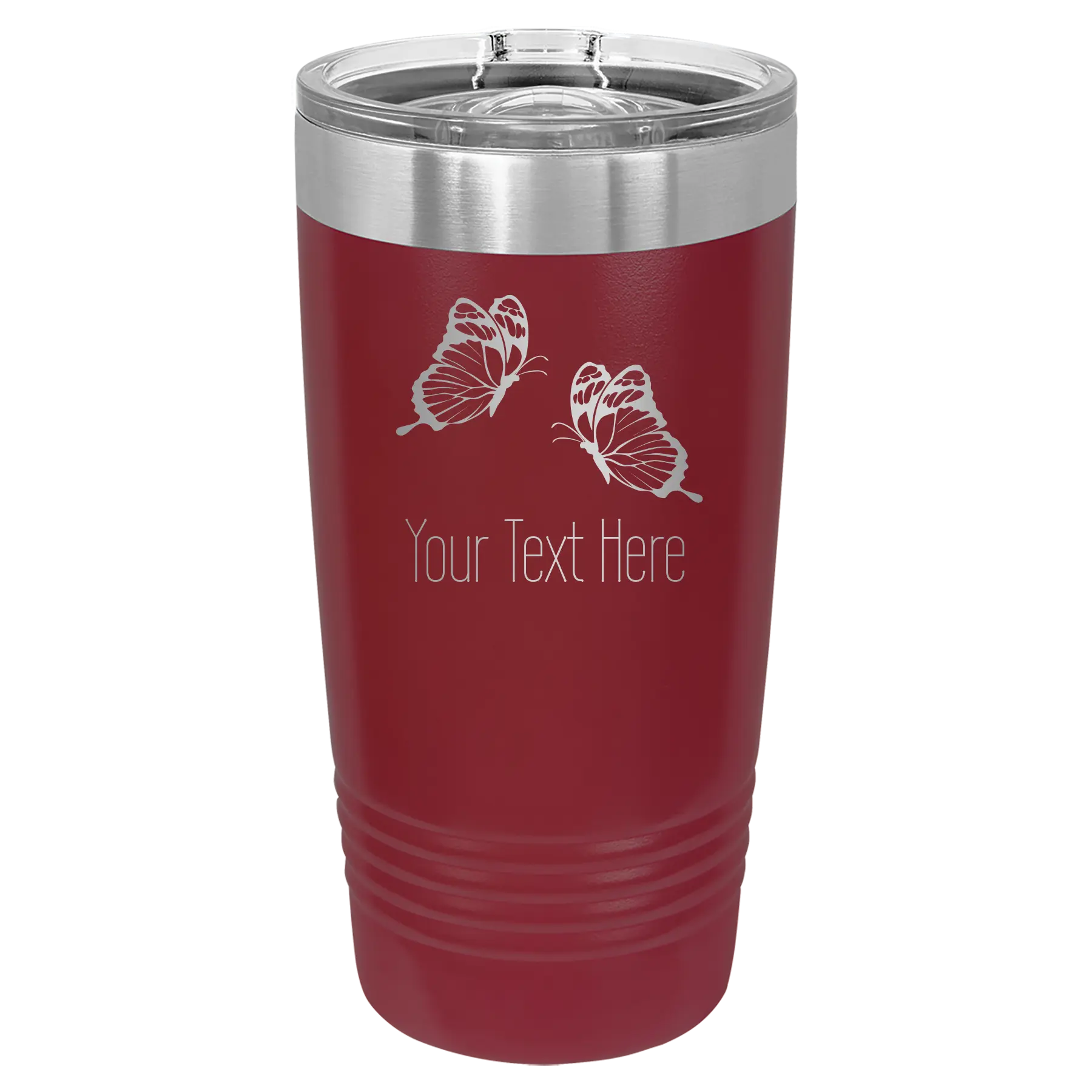 Personalized maroon 20 oz vacuum insulated tumbler with 'Butterflies' design