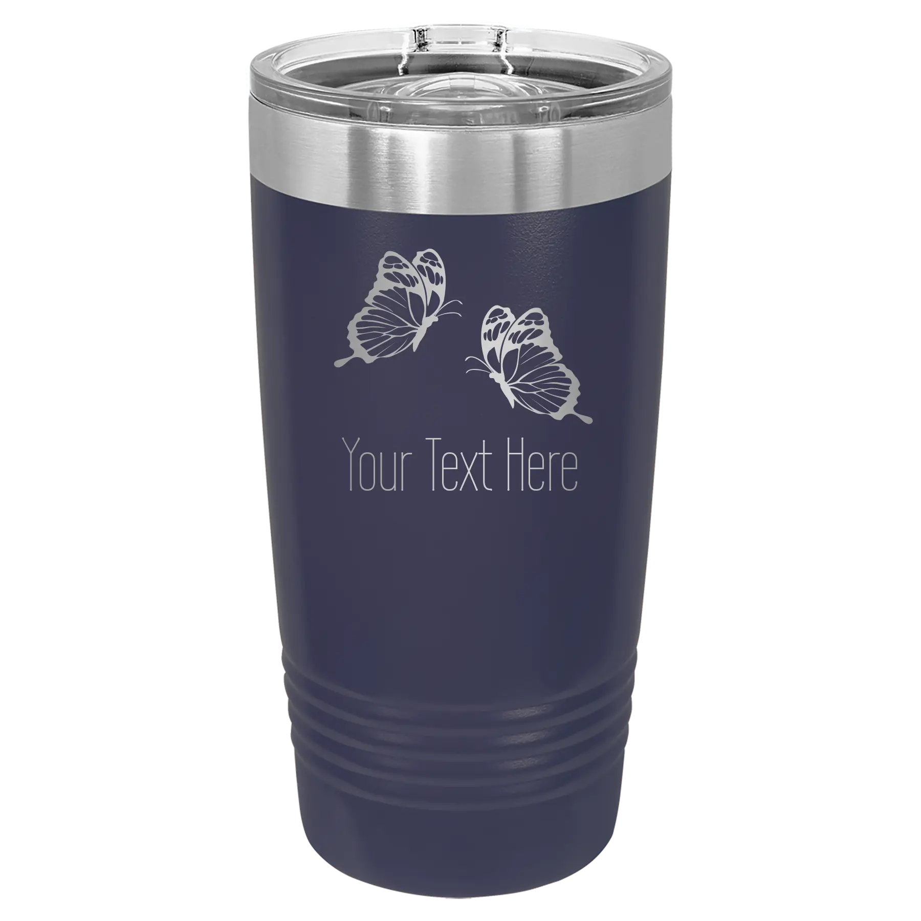 Personalized navy 20 oz vacuum insulated tumbler with 'Butterflies' design