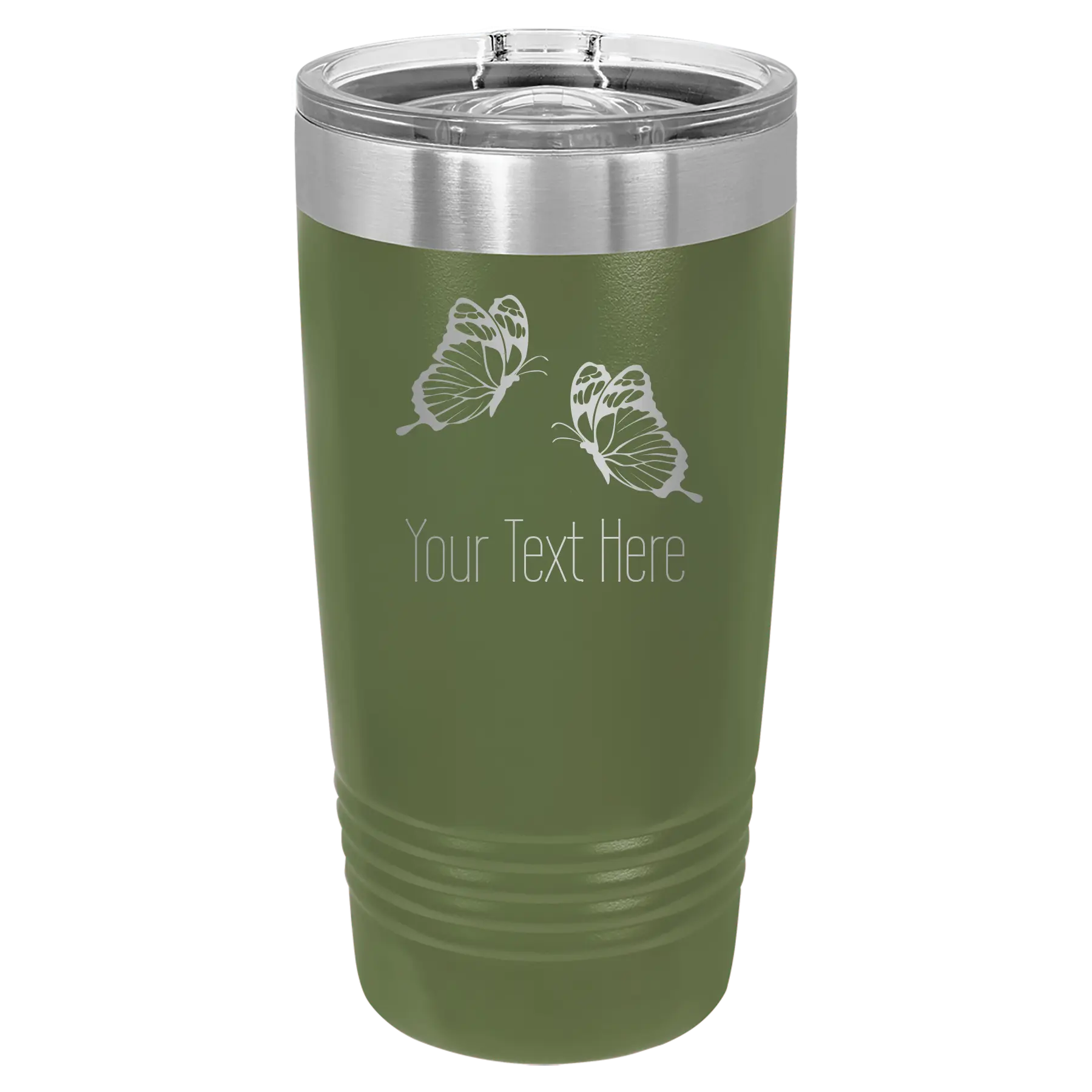 Personalized olive green 20 oz vacuum insulated tumbler with 'Butterflies' design