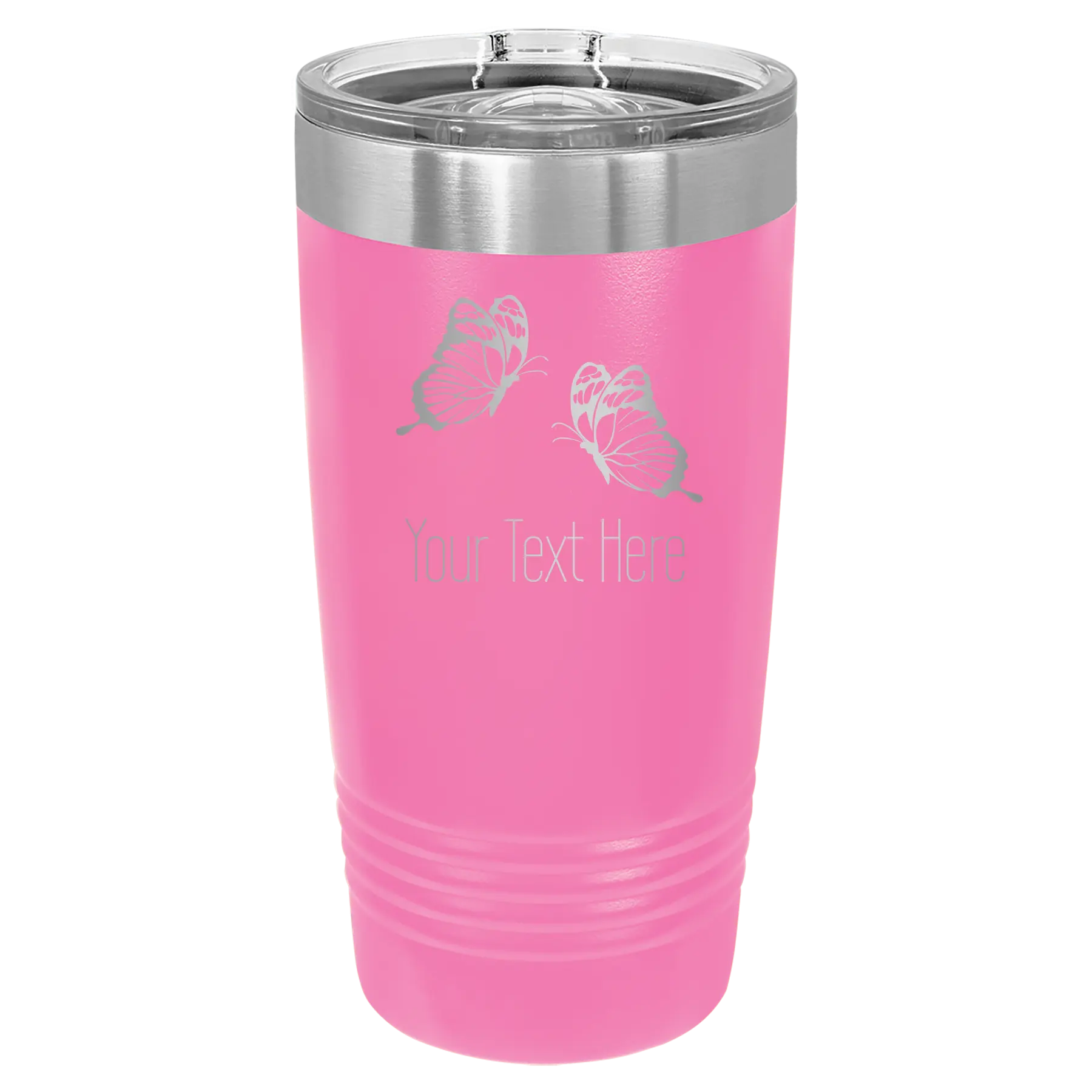 Personalized pink 20 oz vacuum insulated tumbler with 'Butterflies' design