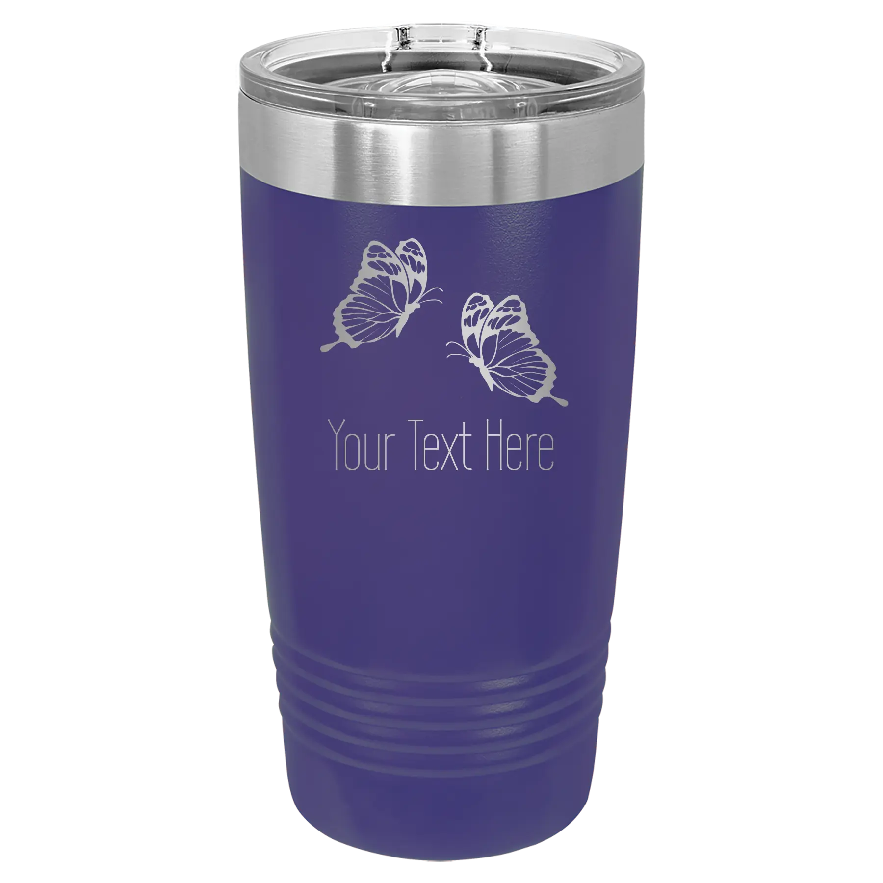 Personalized purple 20 oz vacuum insulated tumbler with 'Butterflies' design