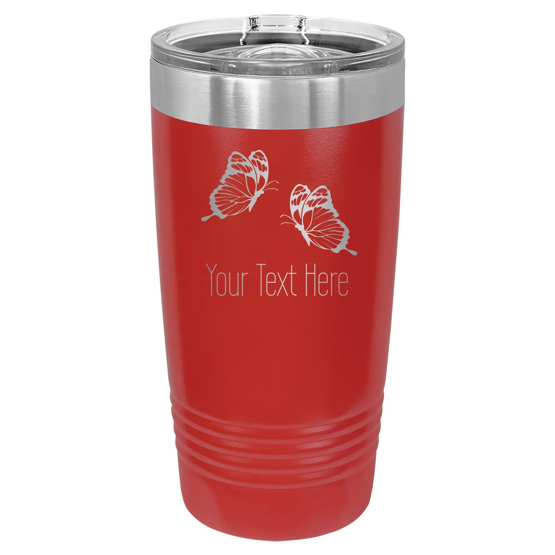 Personalized red 20 oz vacuum insulated tumbler with 'Butterflies' design