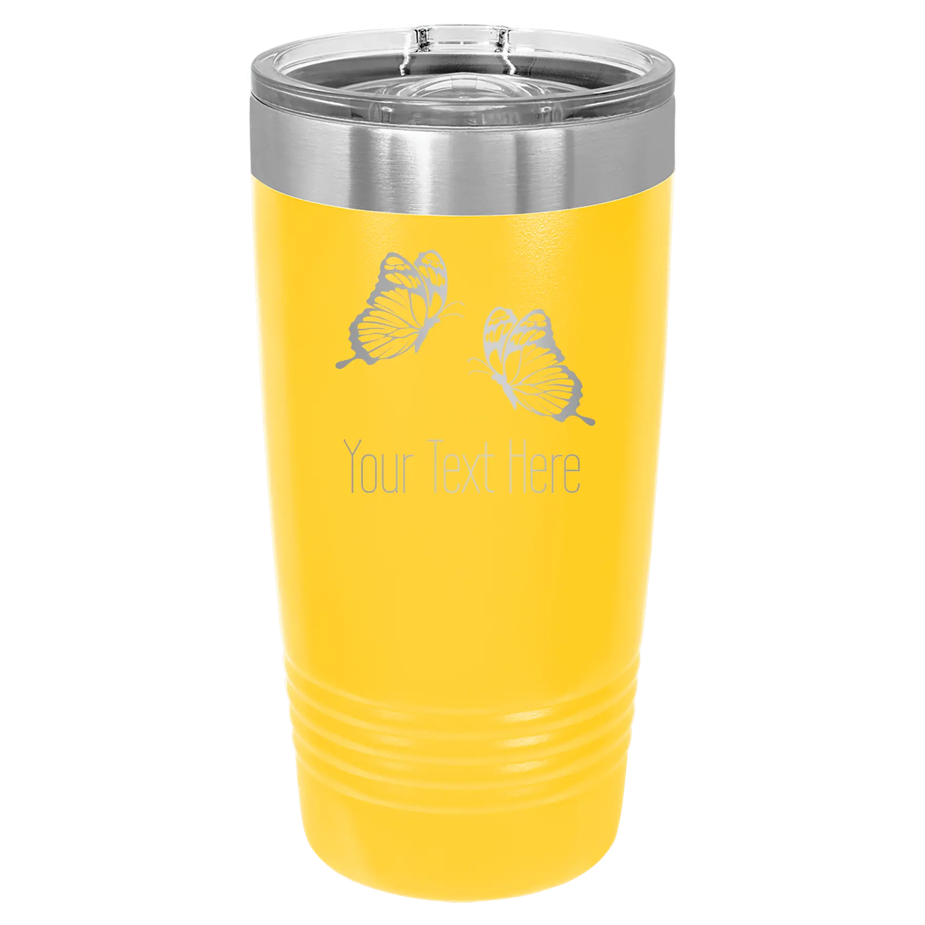 Personalized yellow 20 oz vacuum insulated tumbler with 'Butterflies' design