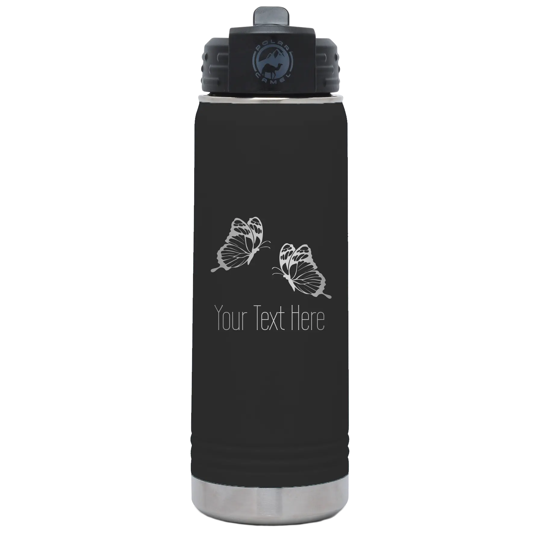 Personalized black 20 oz vacuum insulated water bottle with 'Butterflies' design