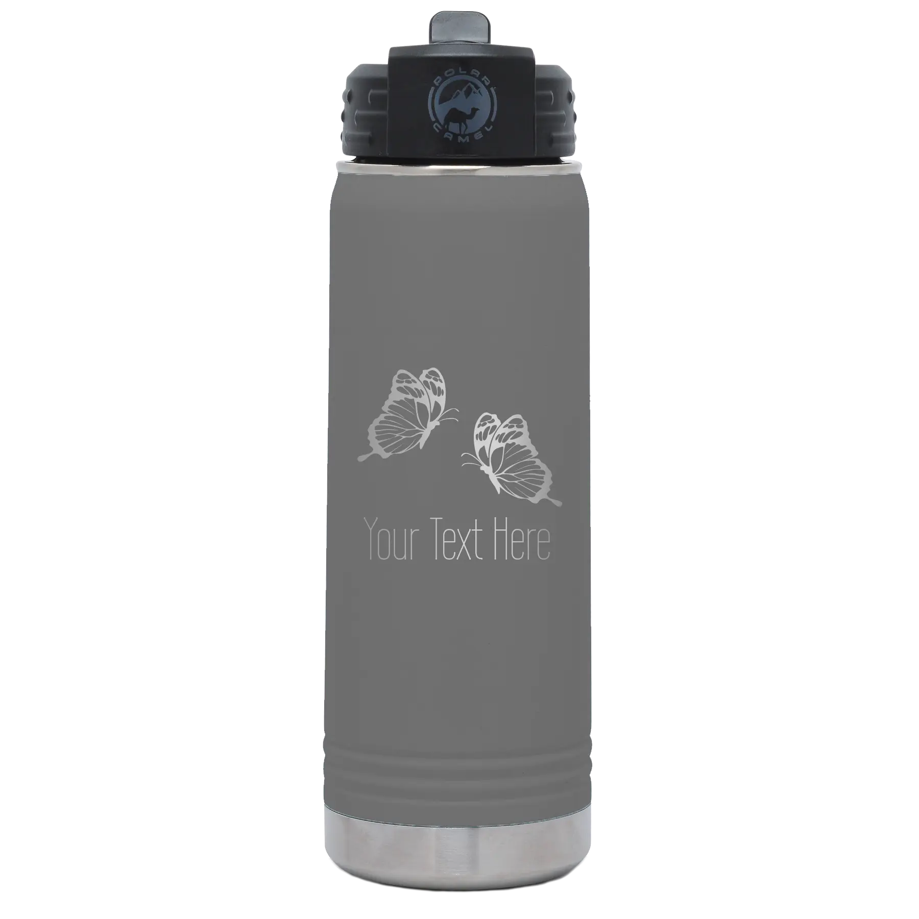 Personalized dark gray 20 oz vacuum insulated water bottle with 'Butterflies' design