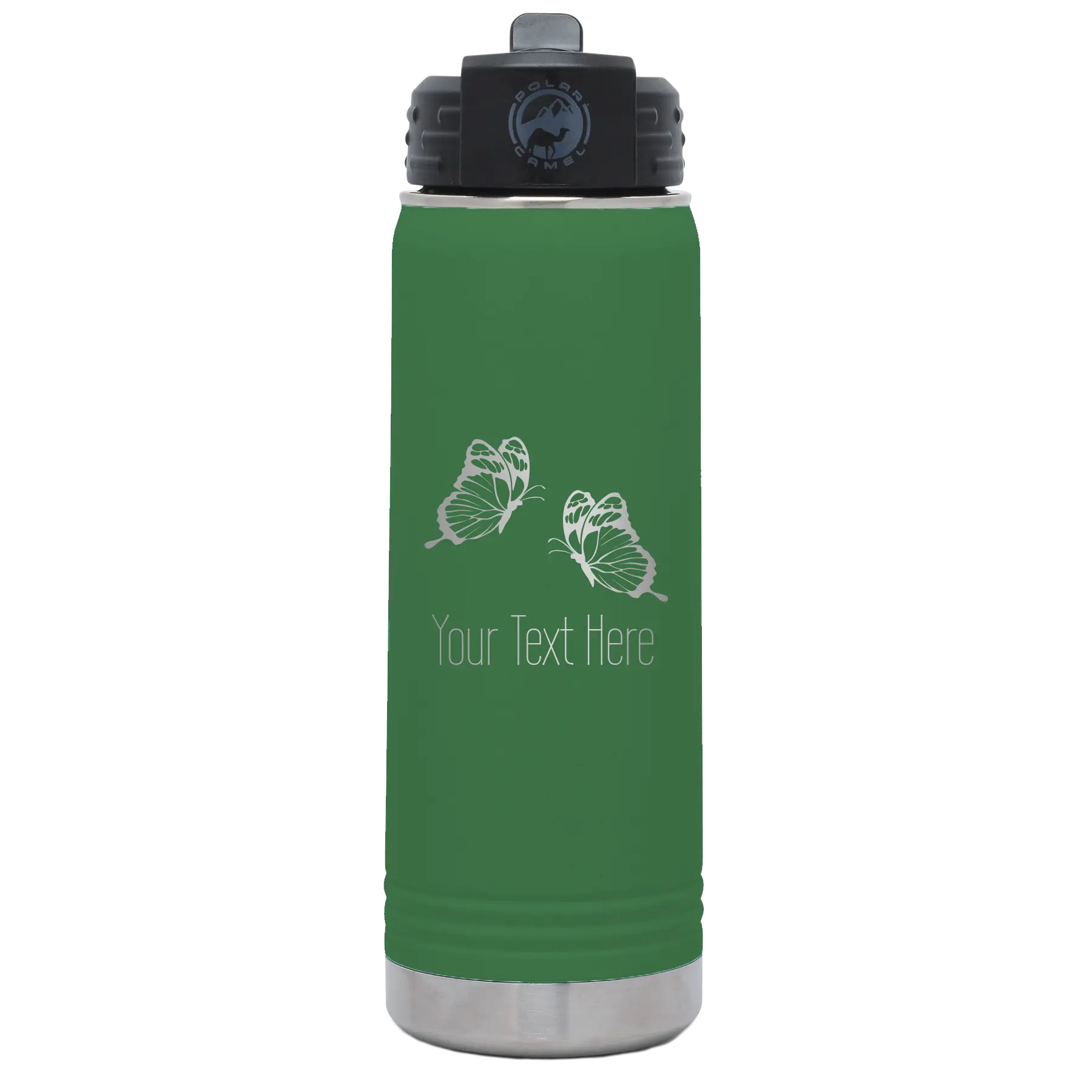 Personalized green 20 oz vacuum insulated water bottle with 'Butterflies' design