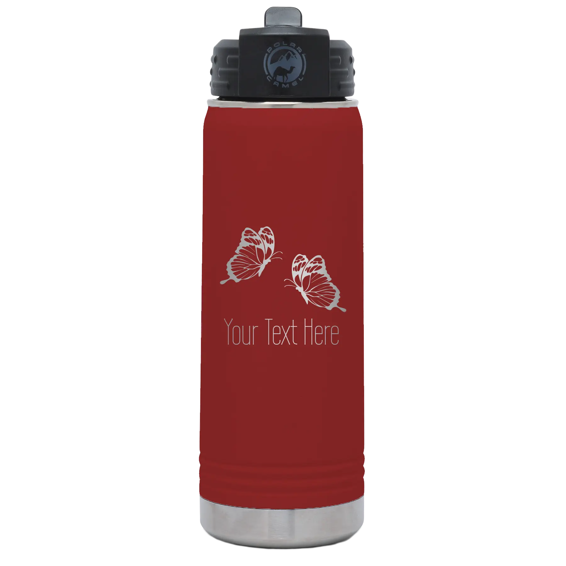 Personalized maroon 20 oz vacuum insulated water bottle with 'Butterflies' design