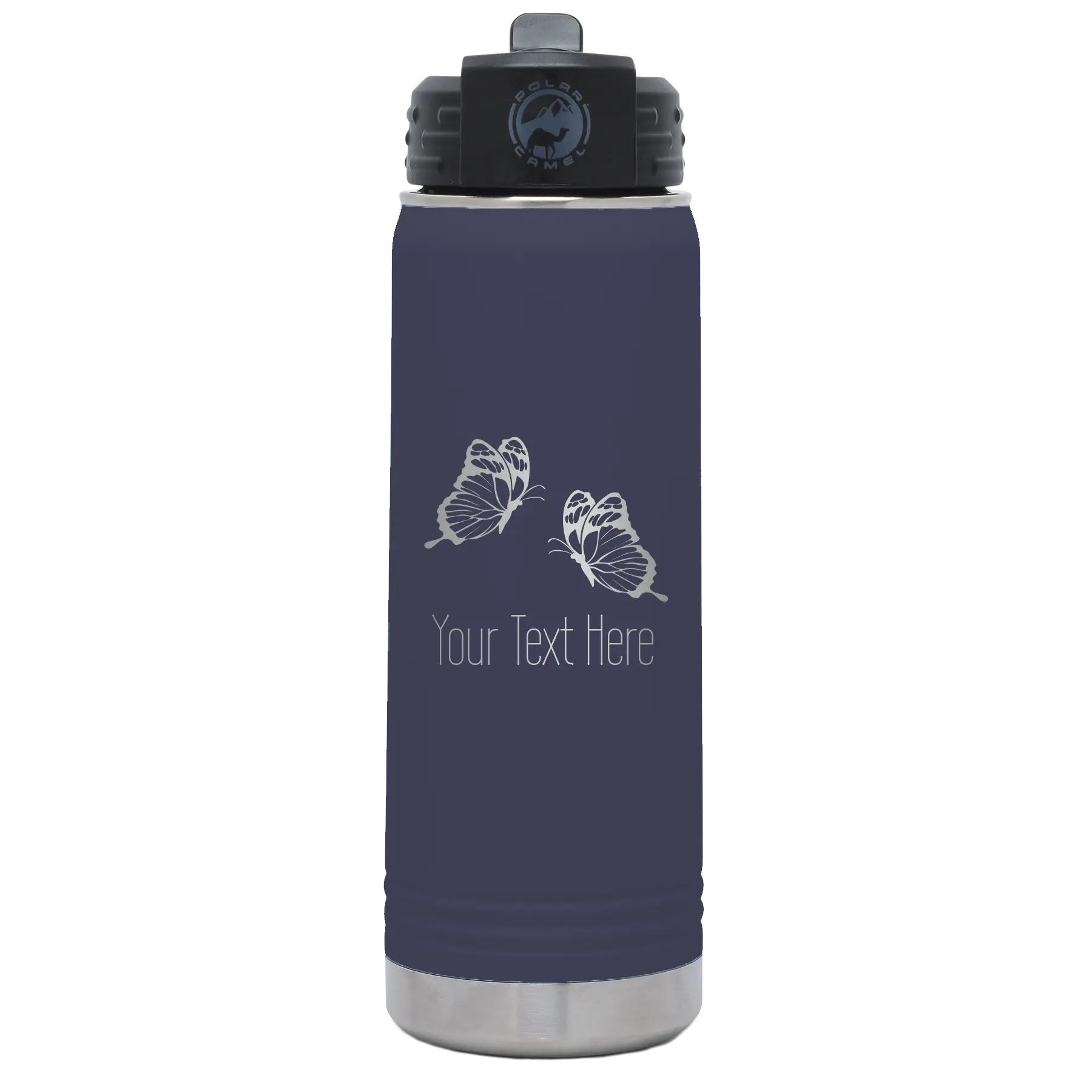 Personalized navy 20 oz vacuum insulated water bottle with 'Butterflies' design