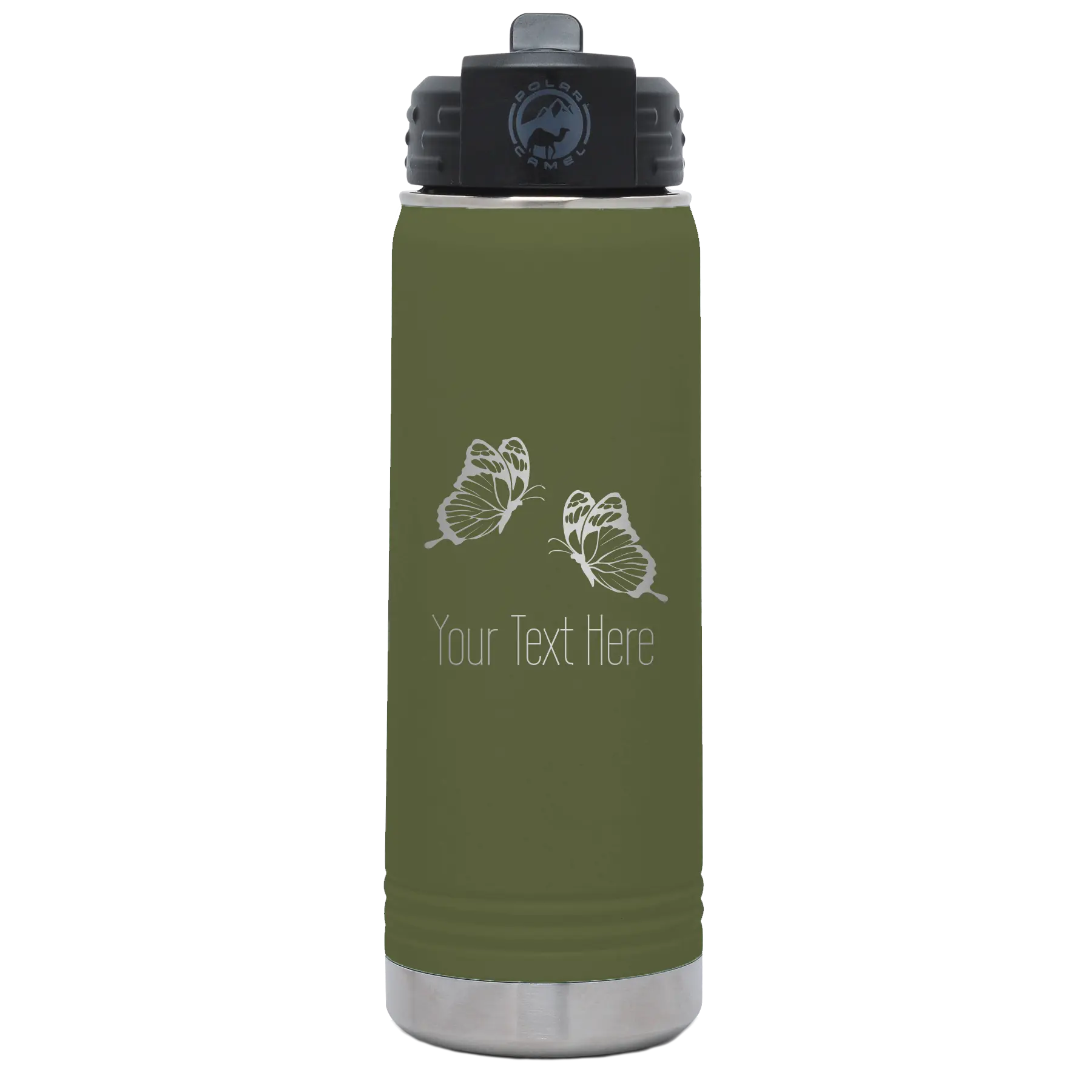 Personalized olive green 20 oz vacuum insulated water bottle with 'Butterflies' design