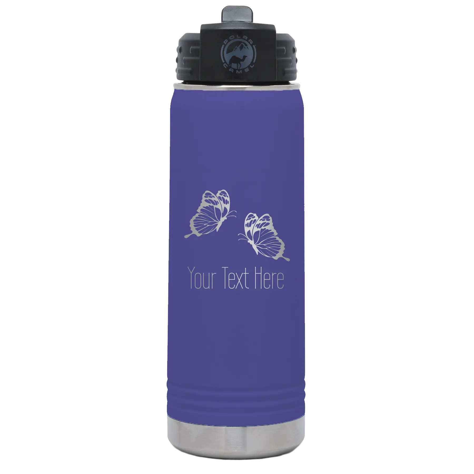 Personalized purple 20 oz vacuum insulated water bottle with 'Butterflies' design