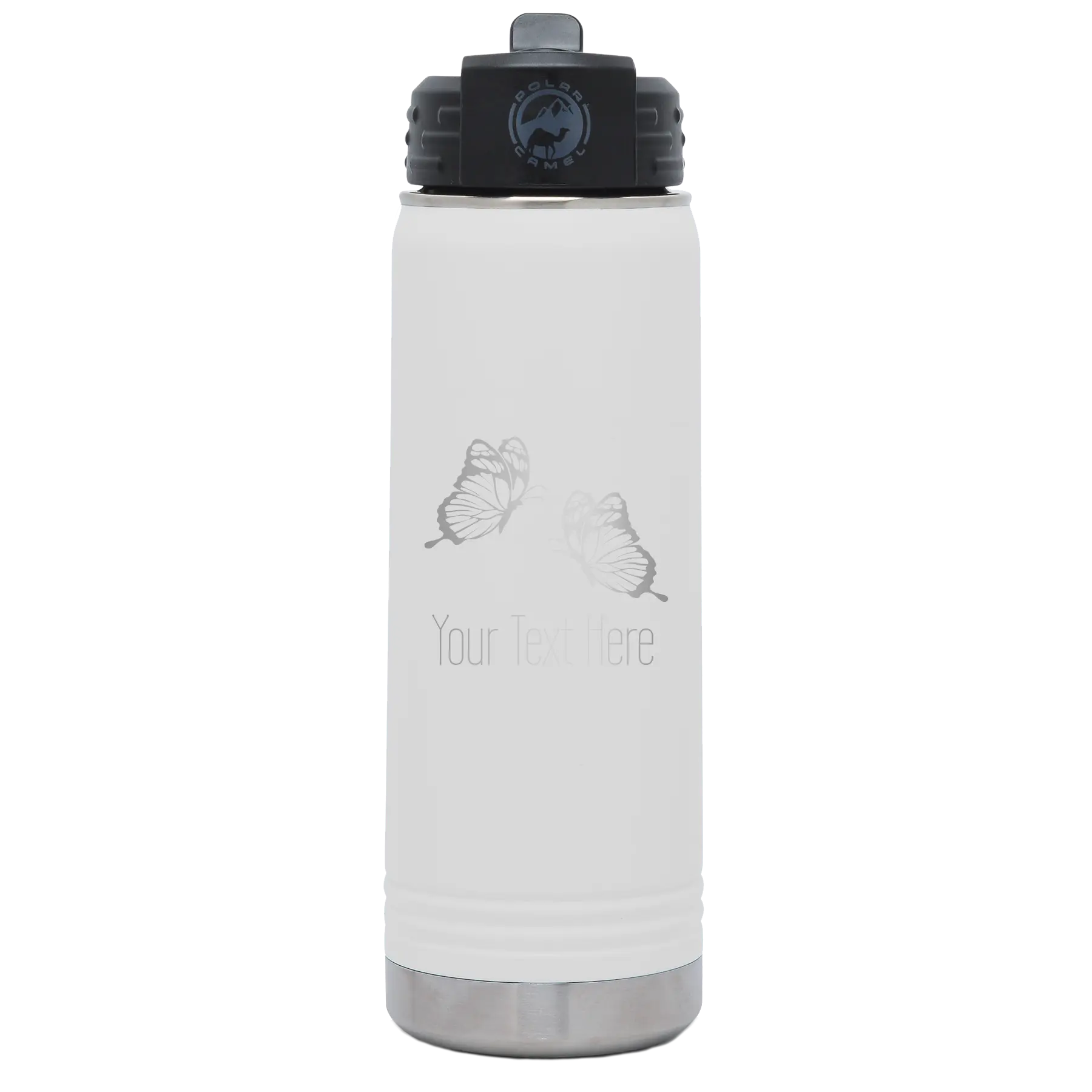 Personalized white 20 oz vacuum insulated water bottle with 'Butterflies' design