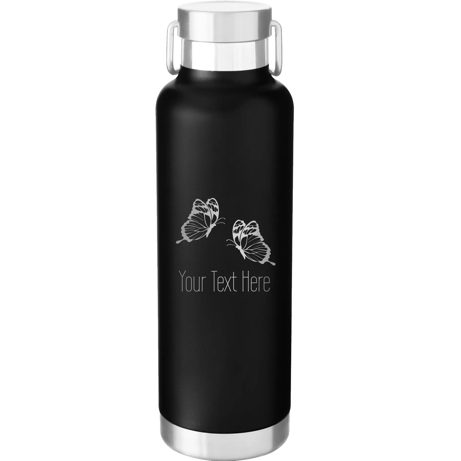 Personalized black 24 oz vacuum insulated water bottle with 'Butterflies' design