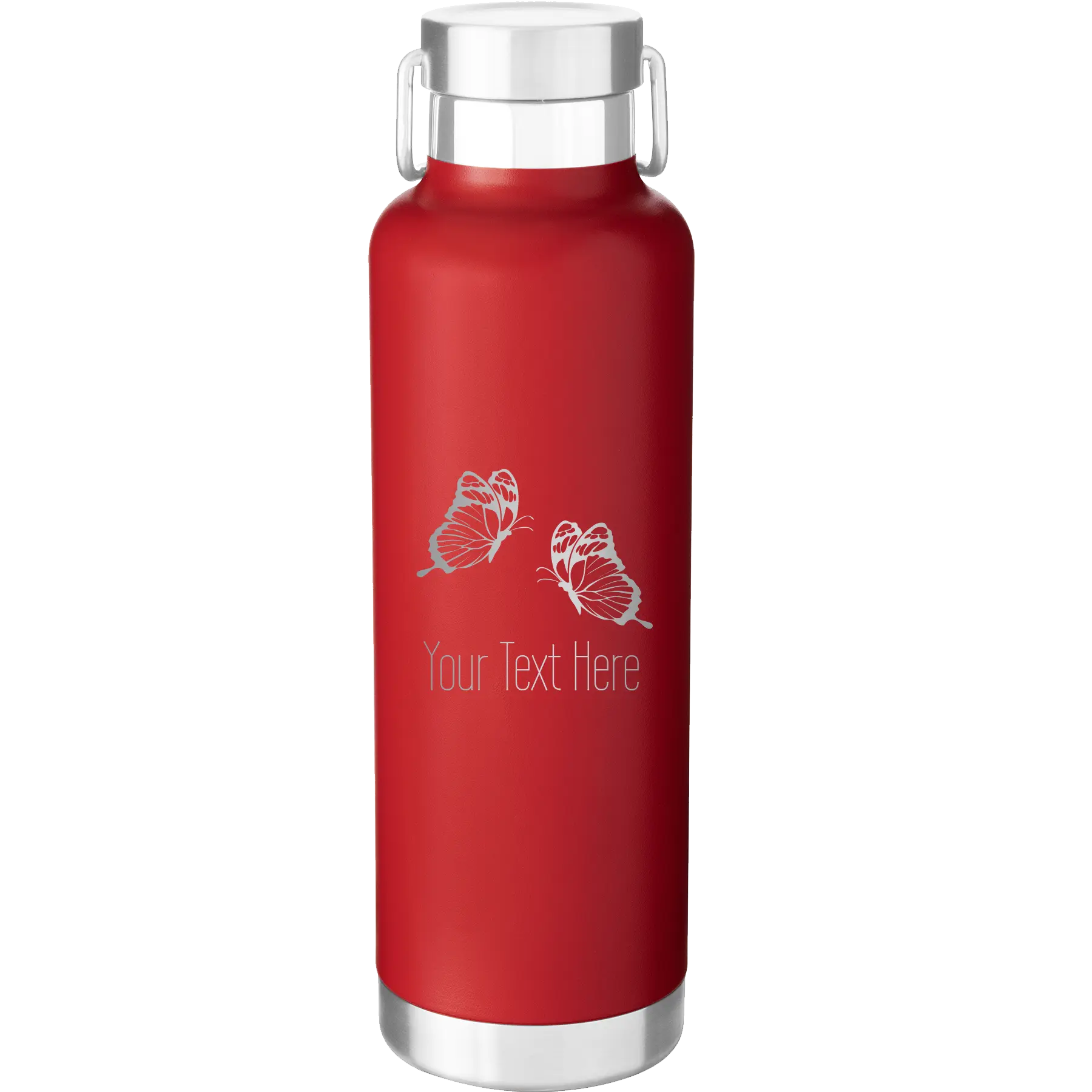 Personalized red 24 oz vacuum insulated water bottle with 'Butterflies' design