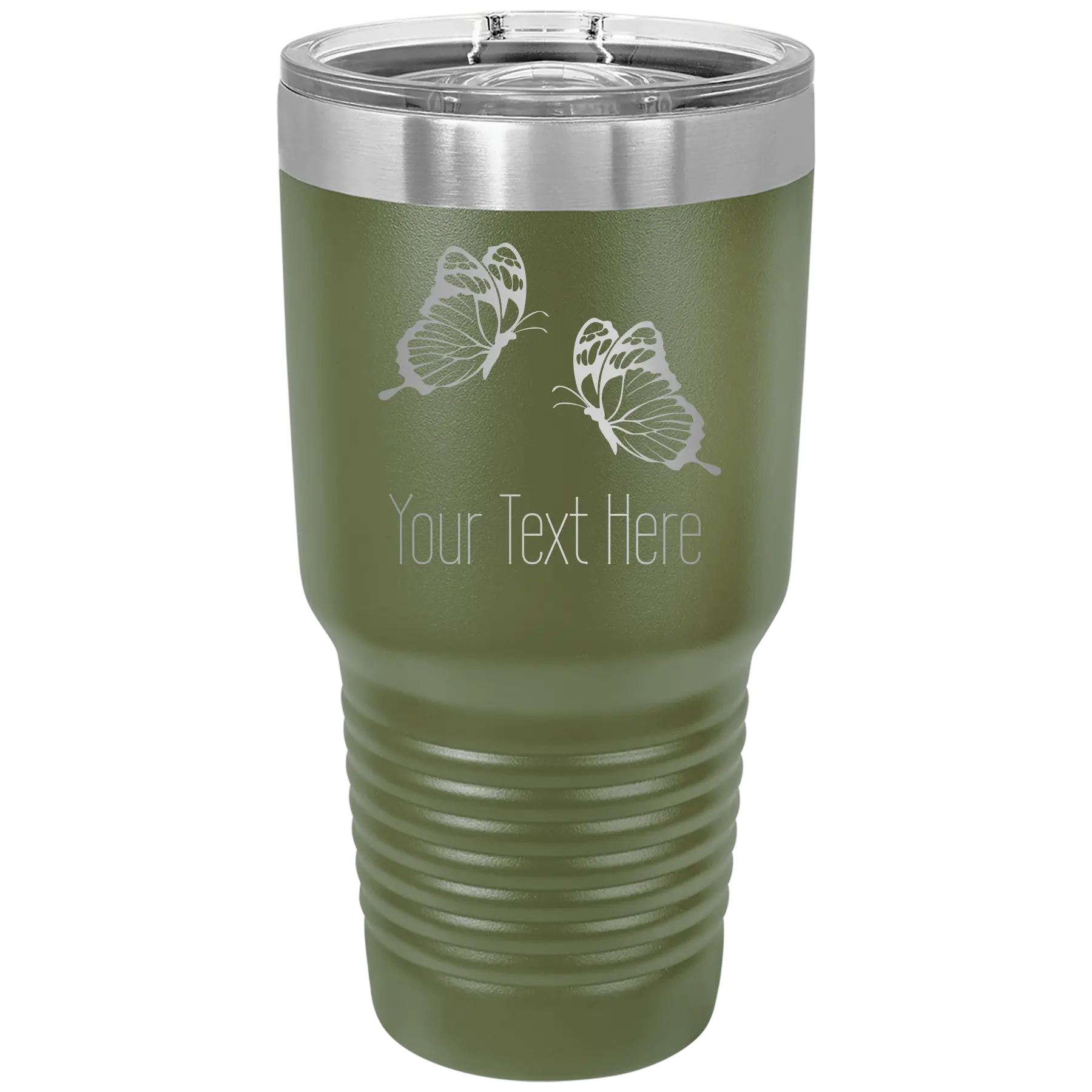 Personalized olive green 30 oz vacuum insulated tumbler with 'Butterflies' design