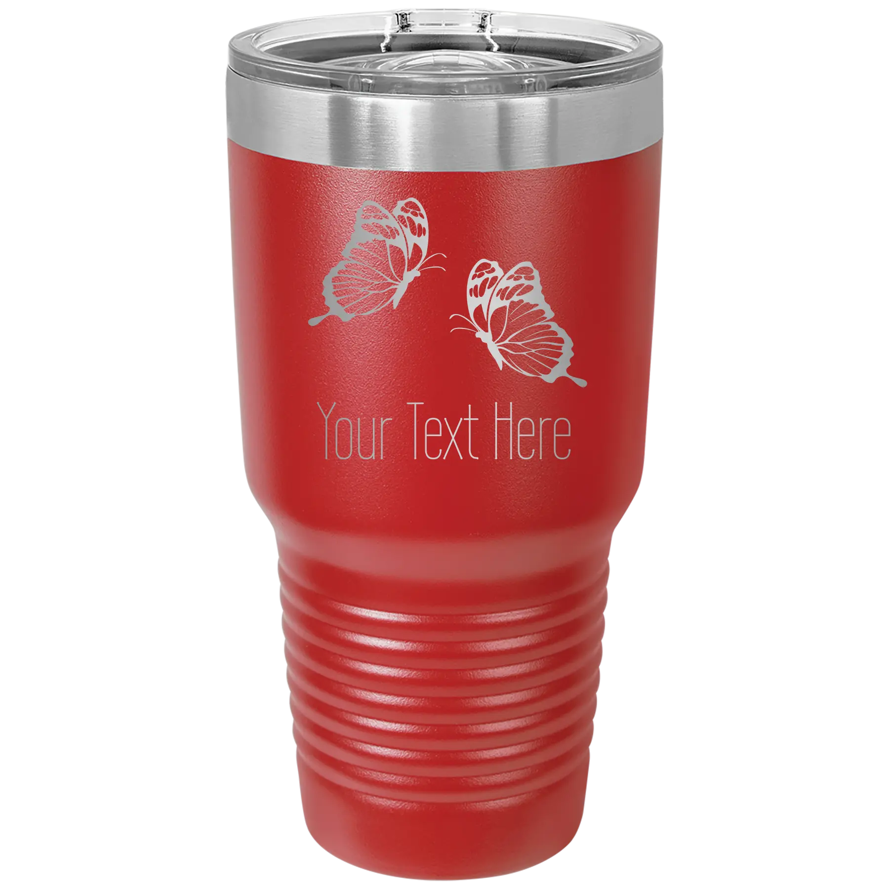 Personalized red 30 oz vacuum insulated tumbler with 'Butterflies' design