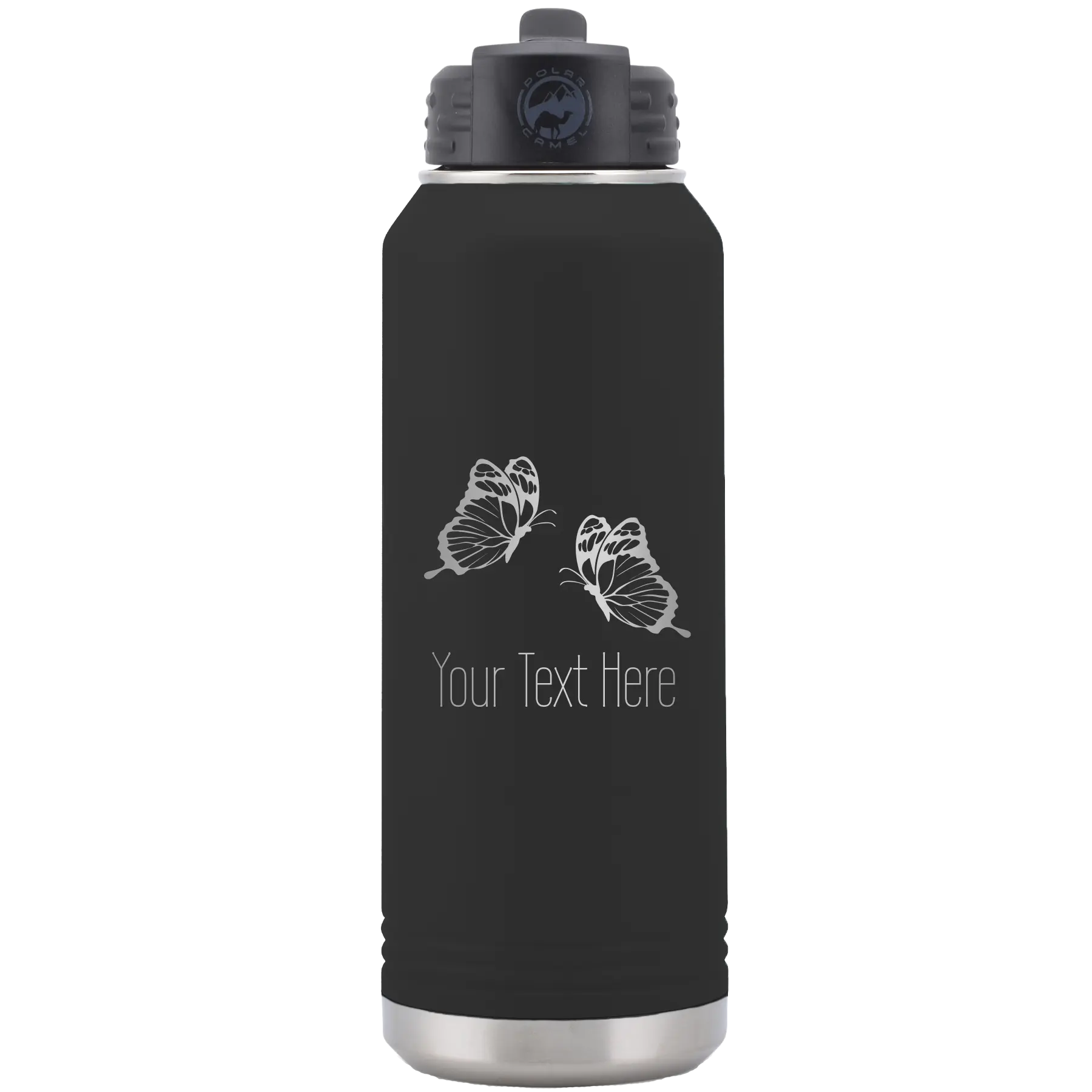 Personalized black 32 oz vacuum insulated water bottle with 'Butterflies' design