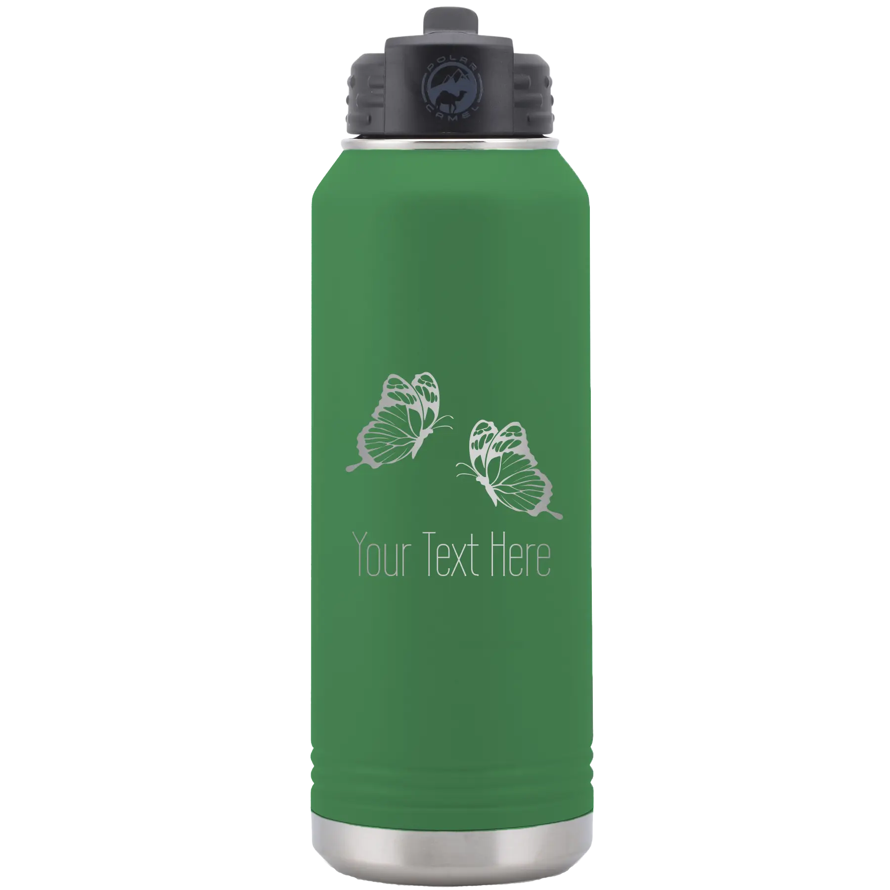 Personalized green 32 oz vacuum insulated water bottle with 'Butterflies' design