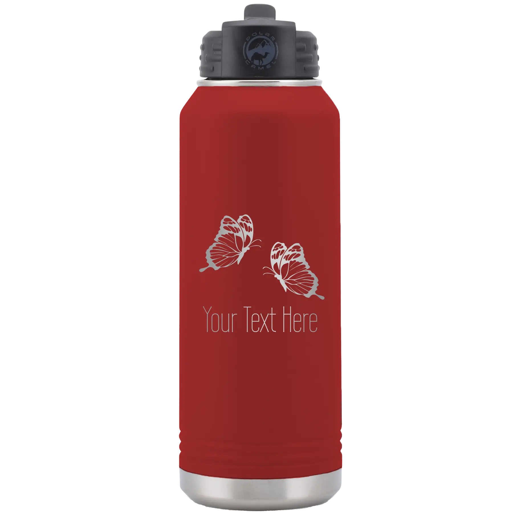 Personalized maroon 32 oz vacuum insulated water bottle with 'Butterflies' design