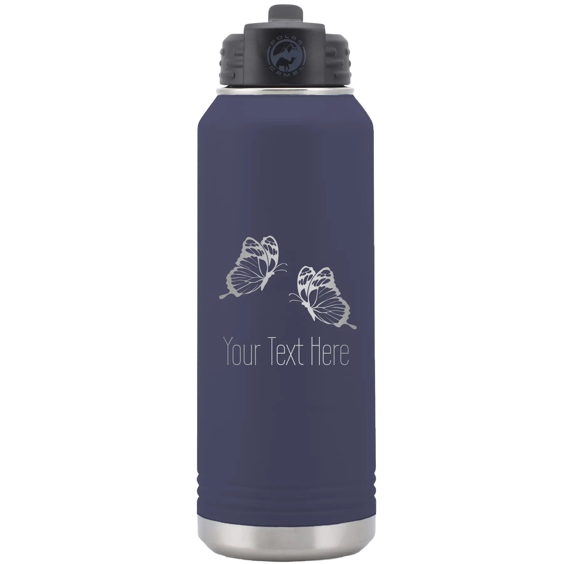 Personalized navy 32 oz vacuum insulated water bottle with 'Butterflies' design