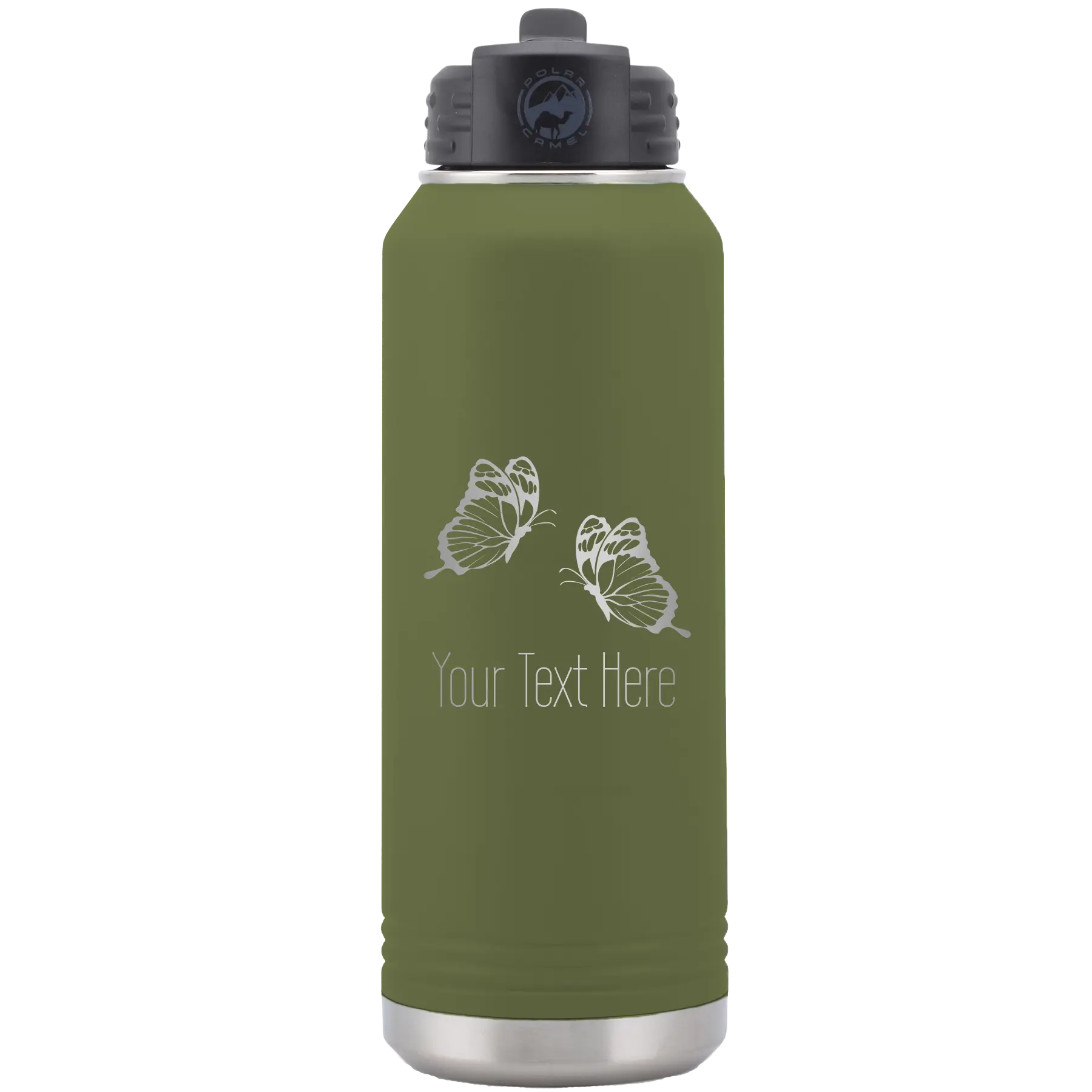 Personalized olive green 32 oz vacuum insulated water bottle with 'Butterflies' design