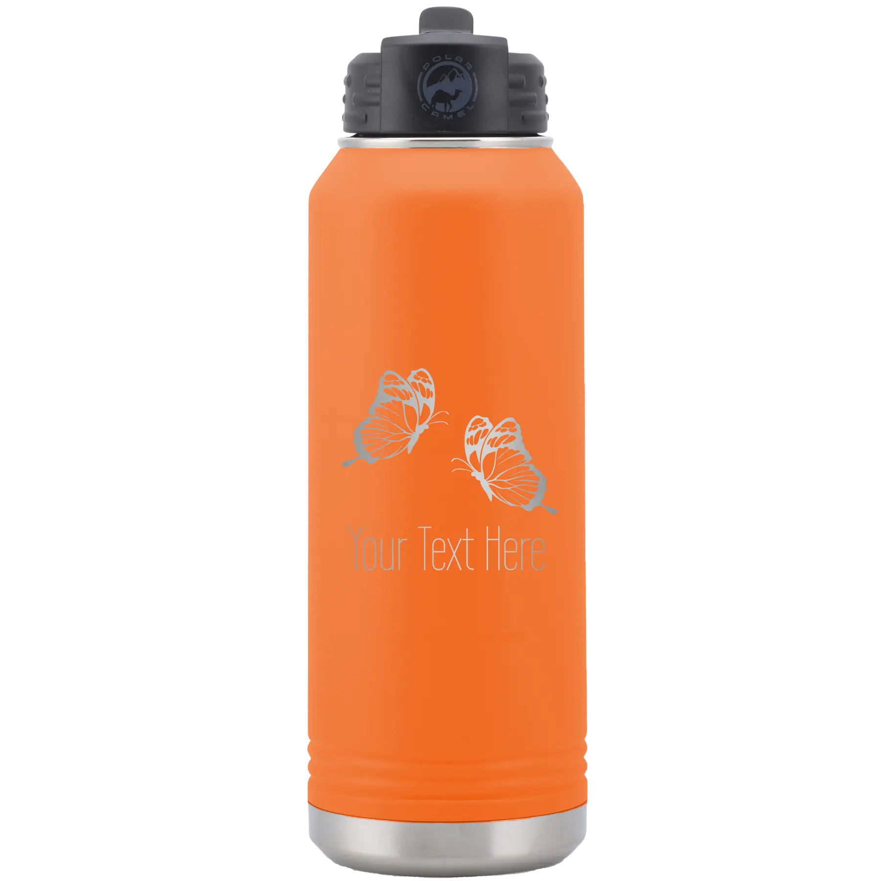 Personalized orange 32 oz vacuum insulated water bottle with 'Butterflies' design